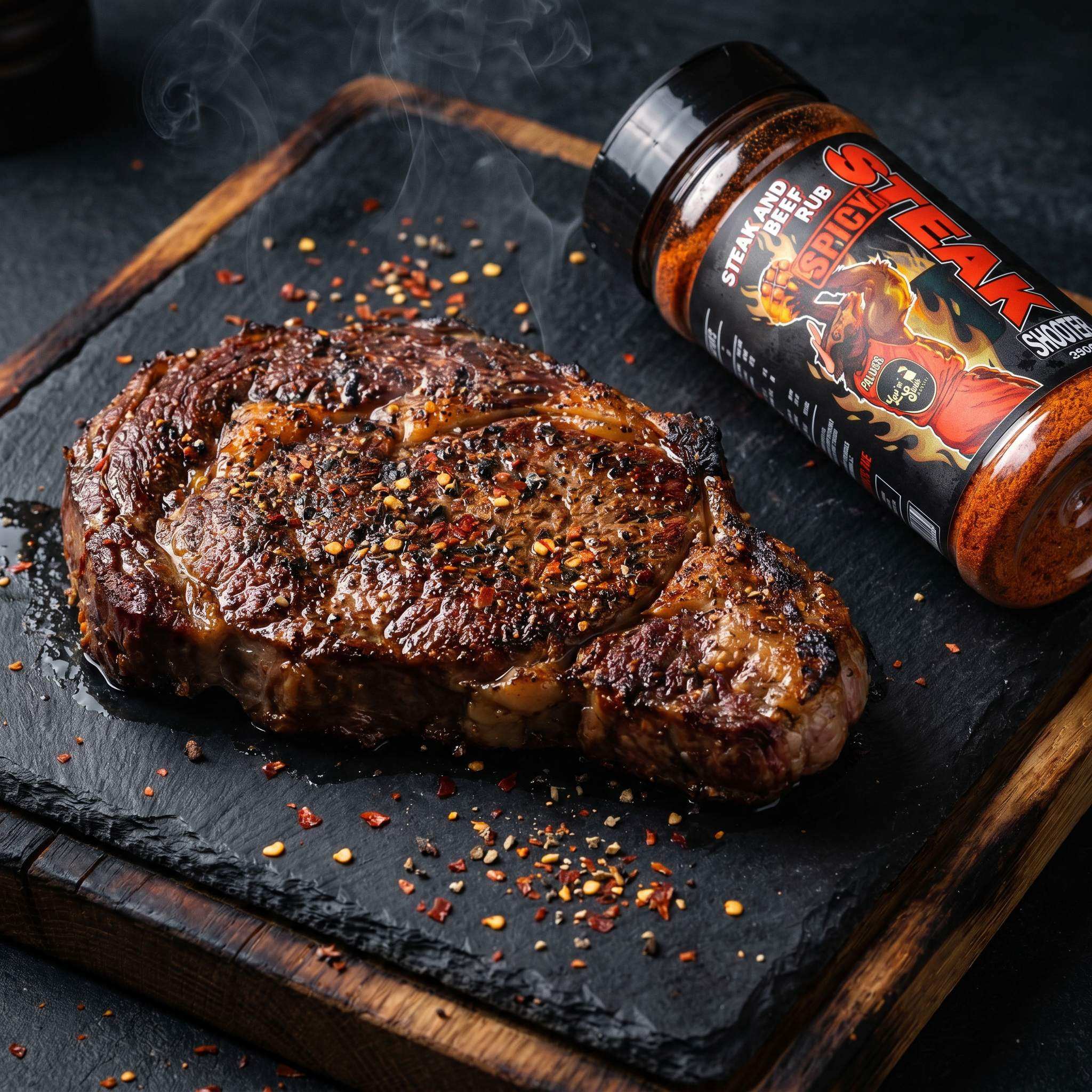 Low n Slow Basics Steak Shooter Spicy beef rub — a grilled ribeye steak with a spiced crust and chilli flakes on a slate board
