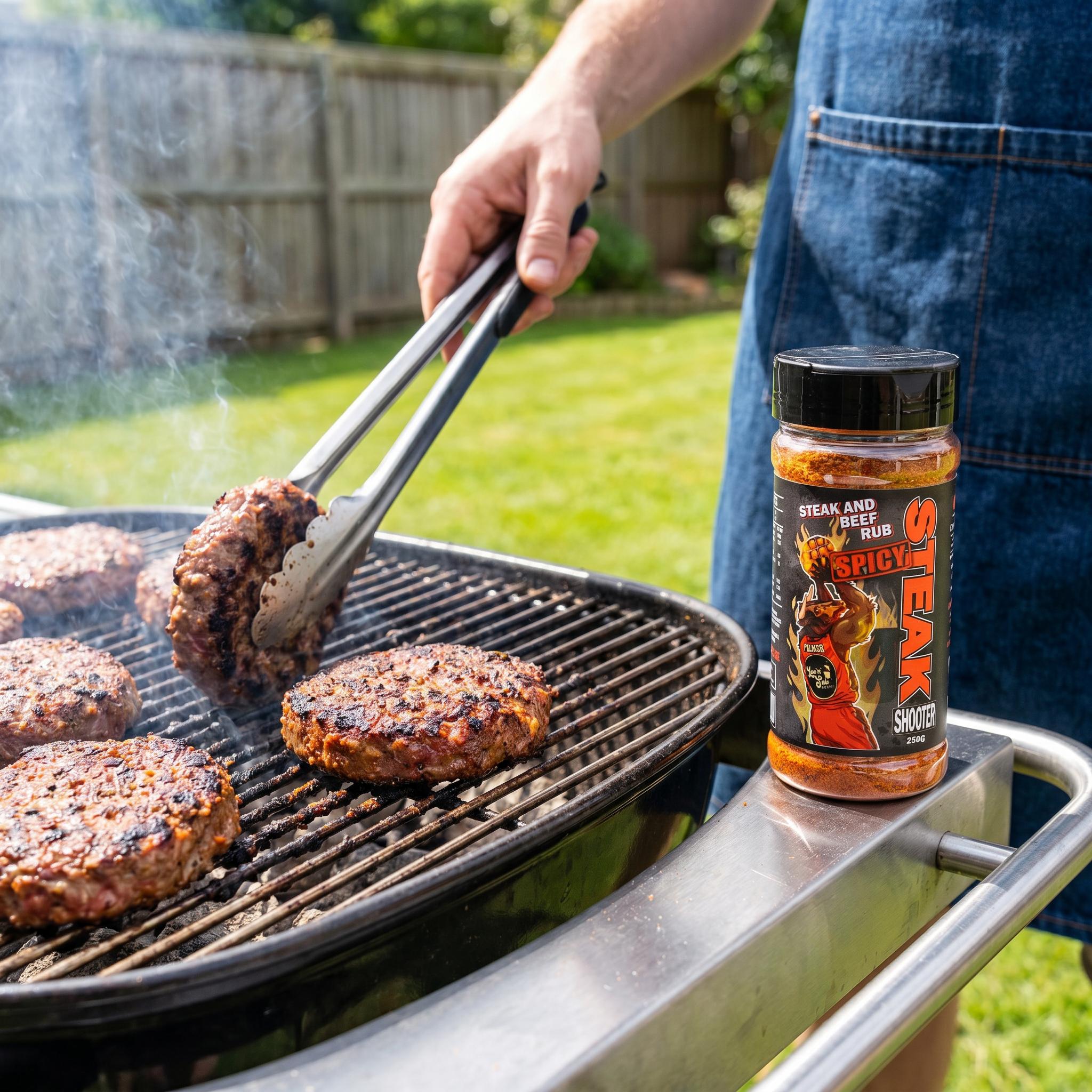 Low n Slow Basics Steak Shooter Spicy beef rub — spiced beef burger patties grilling on a backyard barbecue