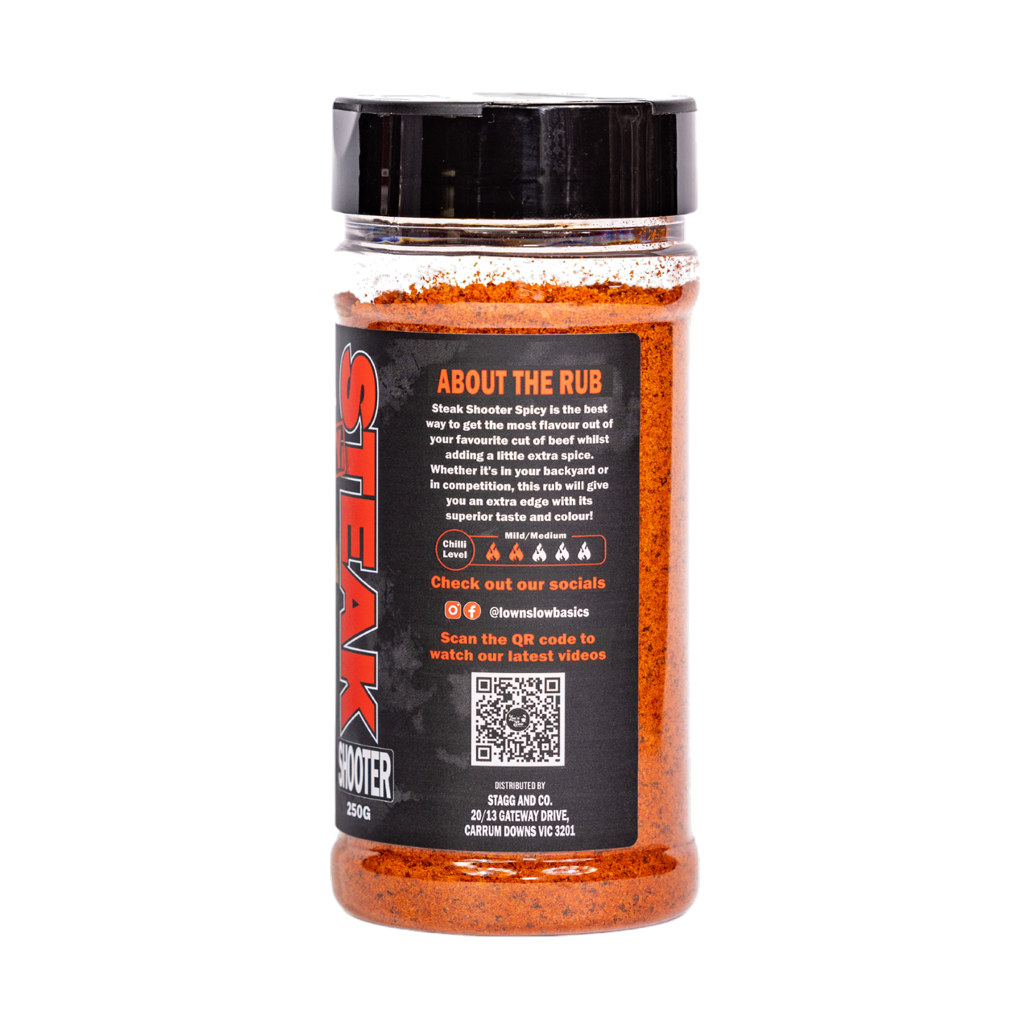 Low n Slow Basics Steak Shooter Spicy beef rub 250g, right side and label detail, transparent background