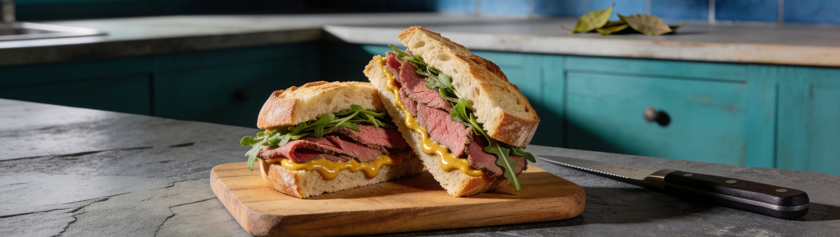 Roast beef and rocket sandwich spread with Mama Mustard by Mama Melisse on a wooden board