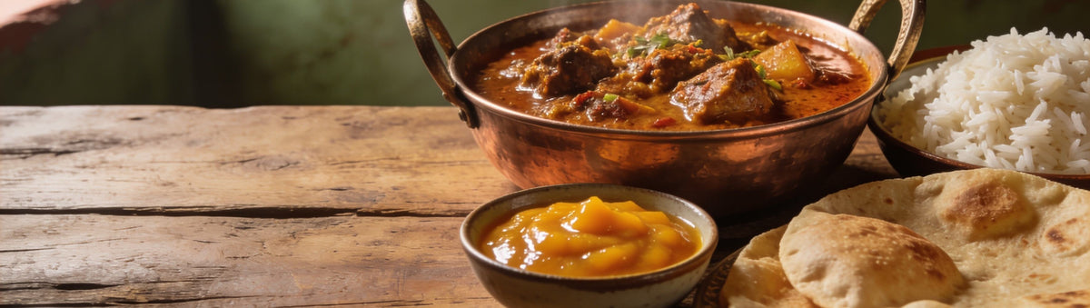Mango & Chilli Chutney lifestyle banner — spiced curry with rice, flatbread and chutney