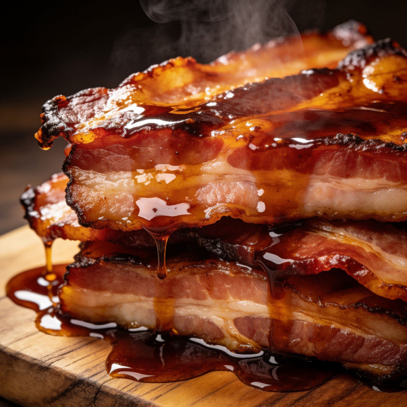 Barrel-aged maple syrup dripping over a stack of glazed smoked bacon — Maple Syrup category lifestyle scene lifestyle photo