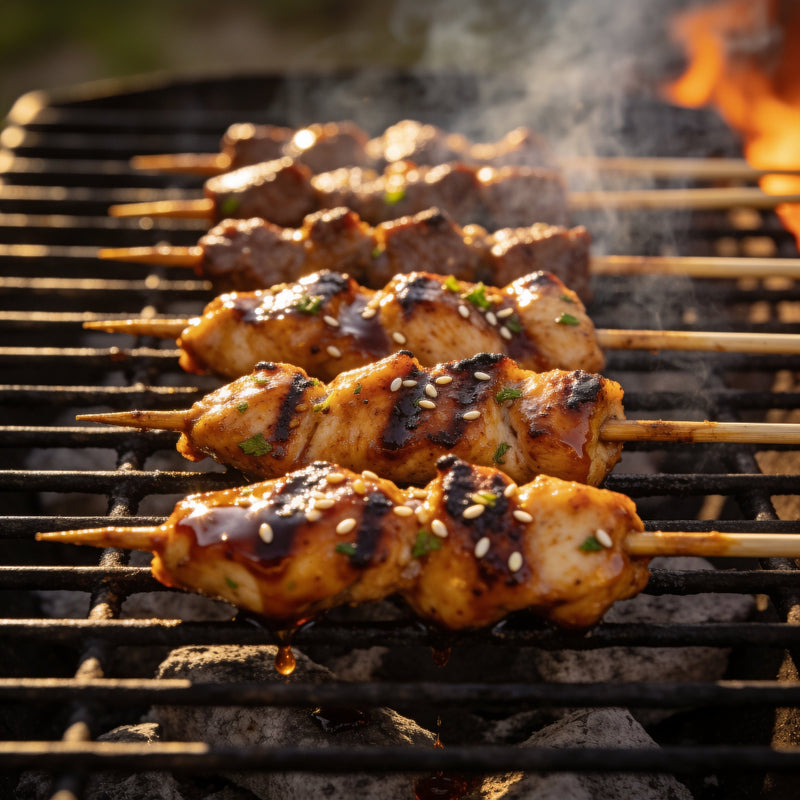 Marinades lifestyle photo - glazed grilled skewers lifestyle photo