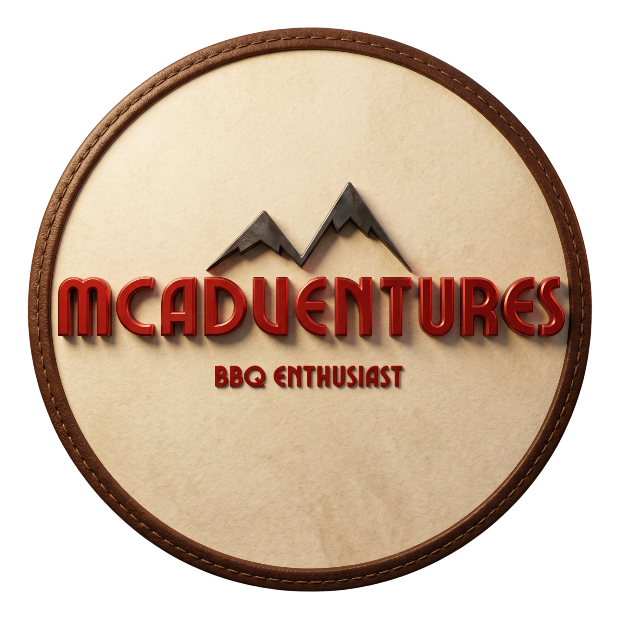 McAdventures brand logo, mountain emblem on a stitched leather badge, red lettering on transparent background