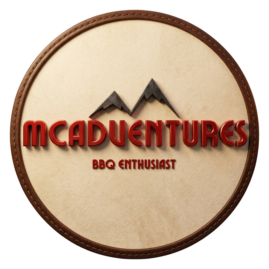 McAdventures BBQ brand logo, mountain badge emblem, full-colour on transparent background