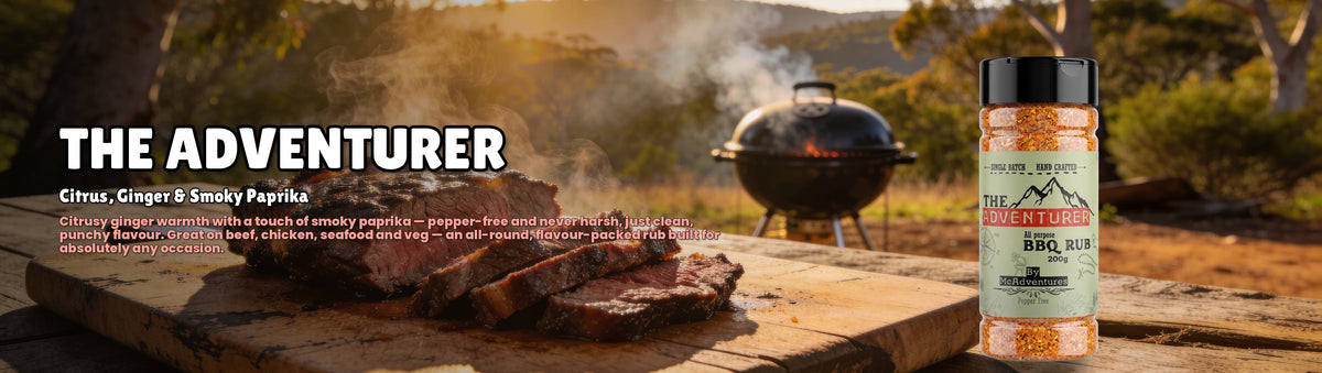 The Adventurer BBQ Rub by McAdventures — bold BBQ rub, bush and backyard cinematic banner