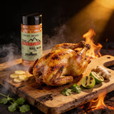 McAdventures The Adventurer BBQ Rub 200g — golden citrus-ginger spatchcock chicken beauty shot, lifestyle