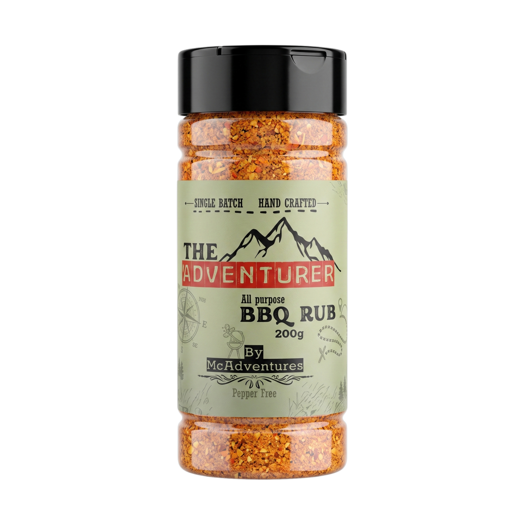 McAdventures The Adventurer BBQ Rub 200g, front of shaker on transparent background