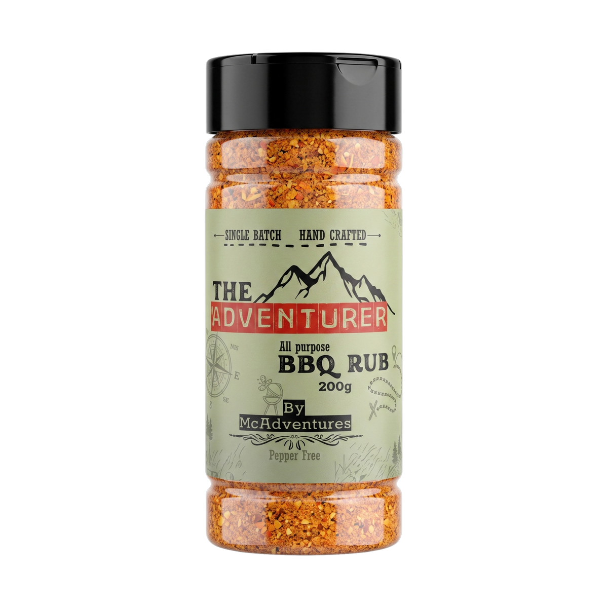 McAdventures The Adventurer BBQ Rub 200g, front of shaker on transparent background