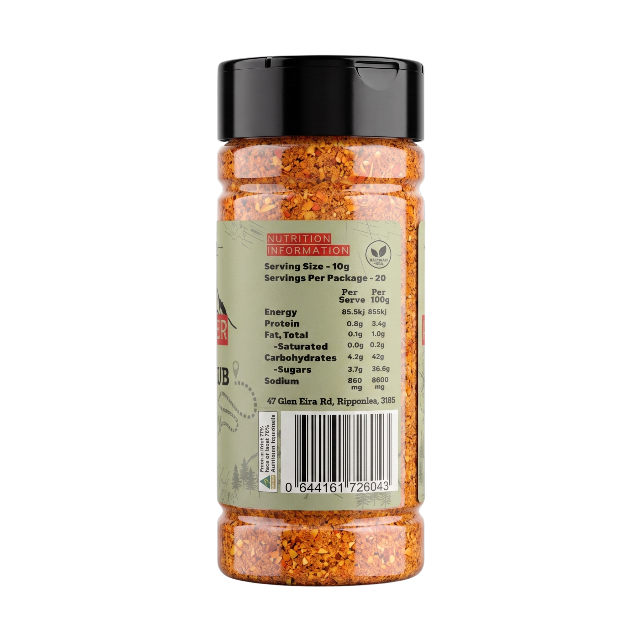 McAdventures The Adventurer BBQ Rub 200g, ingredient list and brand story label detail, transparent background