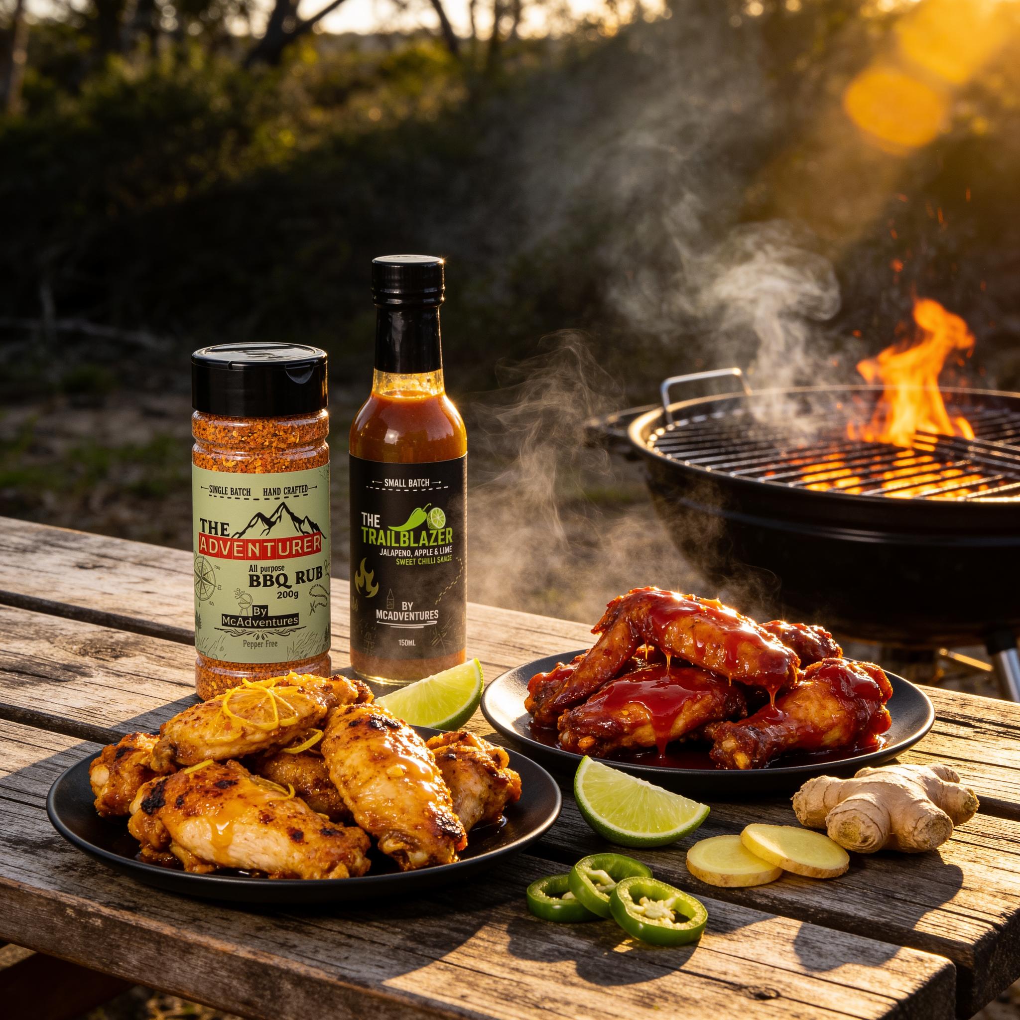 McAdventures The Expedition Pack — Adventurer rub and Trailblazer sauce on a camp table with grilled chicken and glazed wings, beauty shot