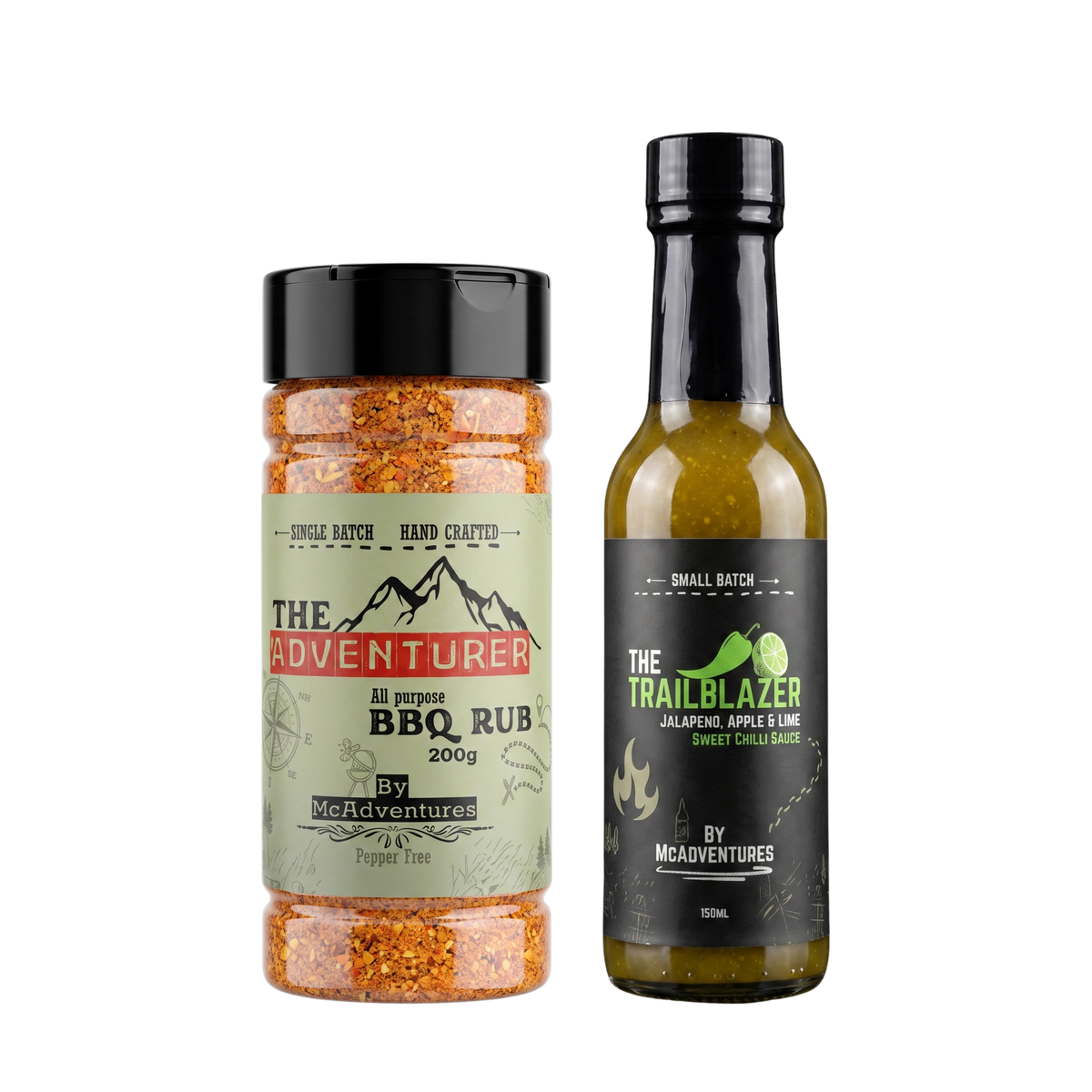 McAdventures The Expedition Pack — The Adventurer BBQ Rub and The Trailblazer Sweet Chilli Sauce shown together in true relative proportion