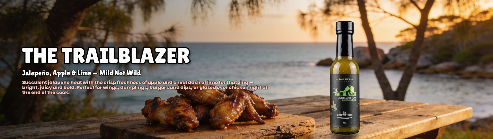 The Trailblazer Sweet Chilli Sauce by McAdventures — coastal sunset cinematic banner