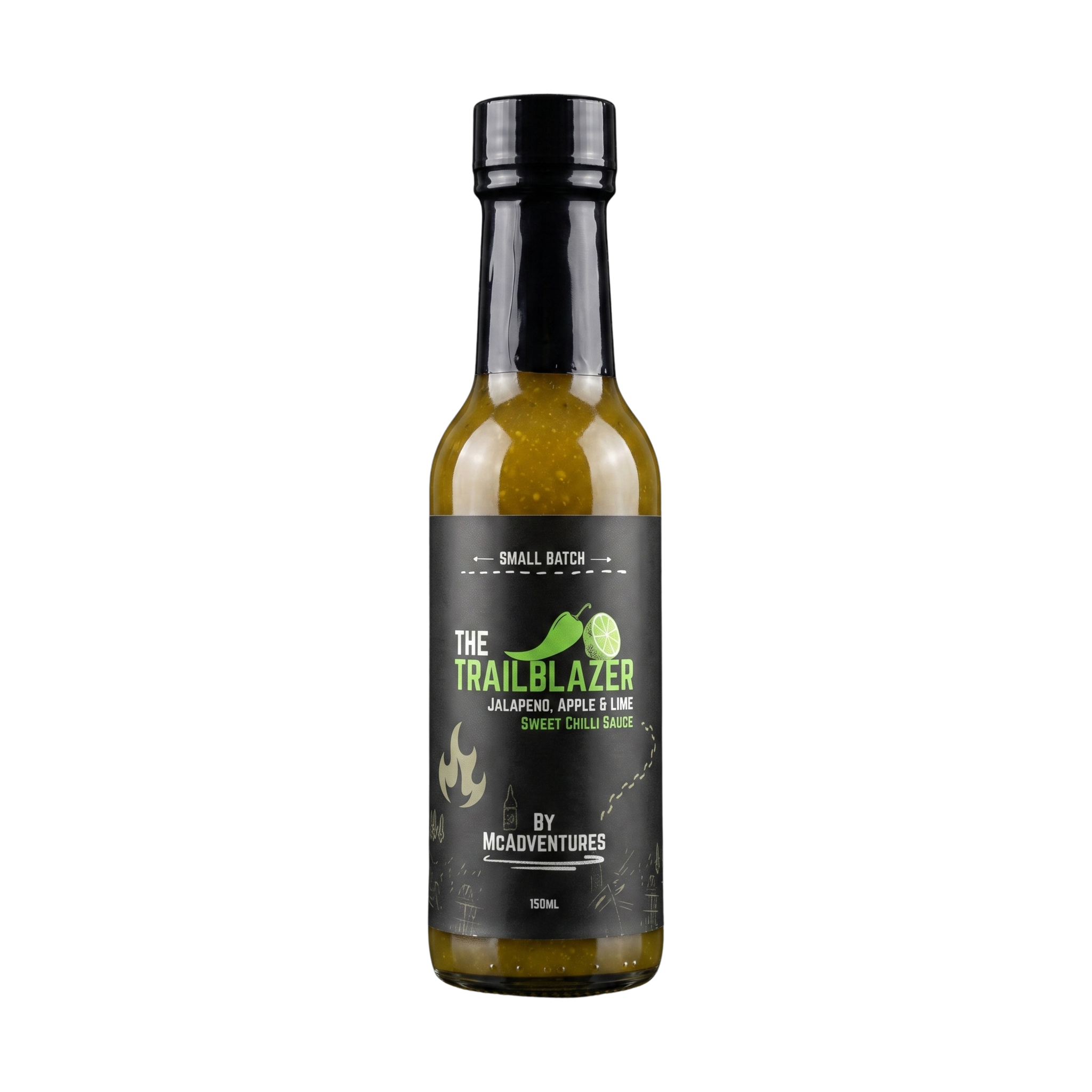 McAdventures The Trailblazer Sweet Chilli Sauce 150ml, front of bottle on transparent background