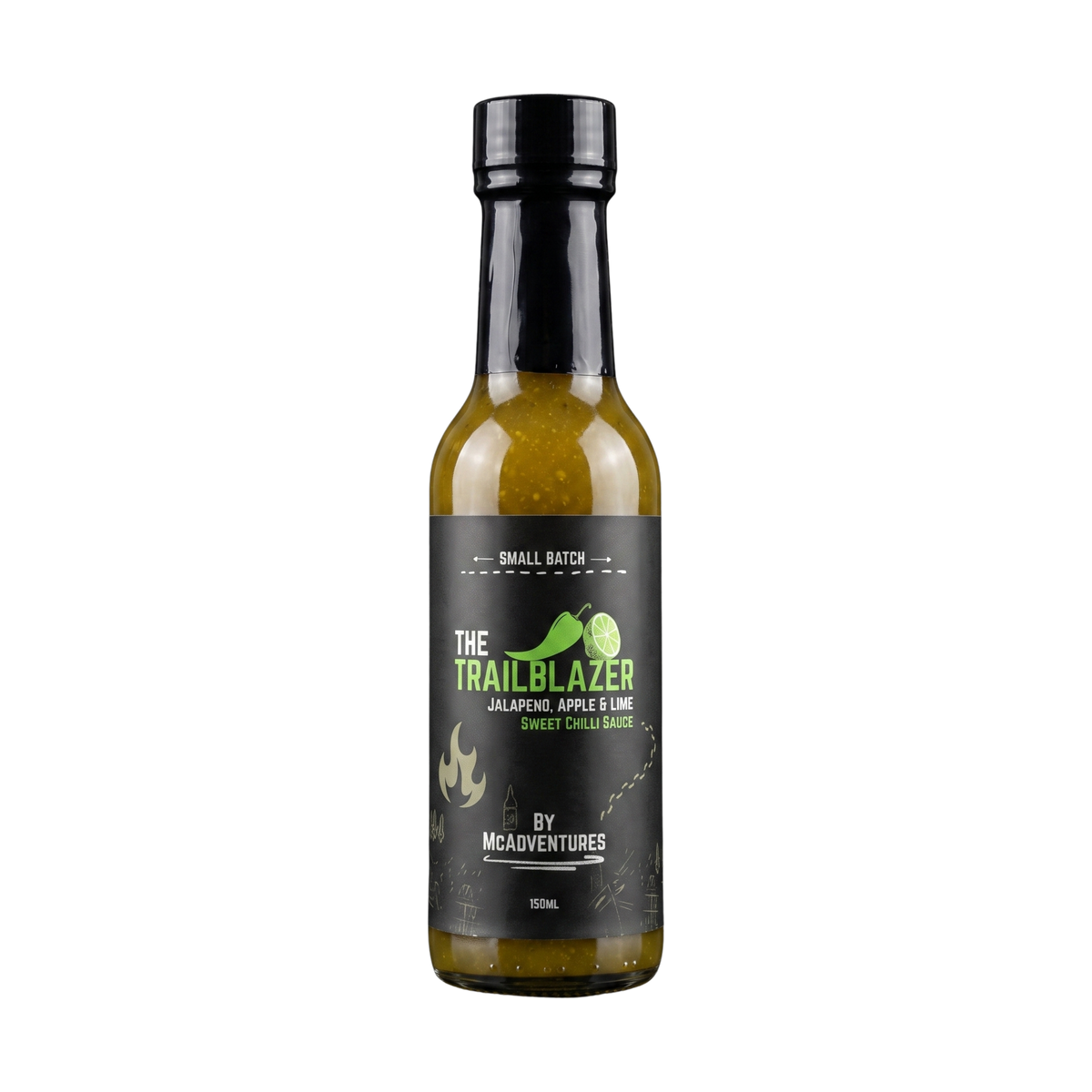 McAdventures The Trailblazer Sweet Chilli Sauce 150ml, front of bottle on transparent background