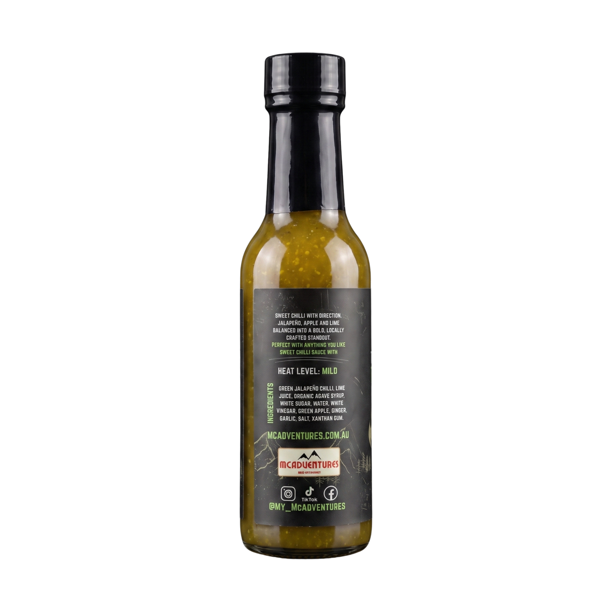 McAdventures The Trailblazer Sweet Chilli Sauce 150ml, ingredient list and brand story label detail, transparent background