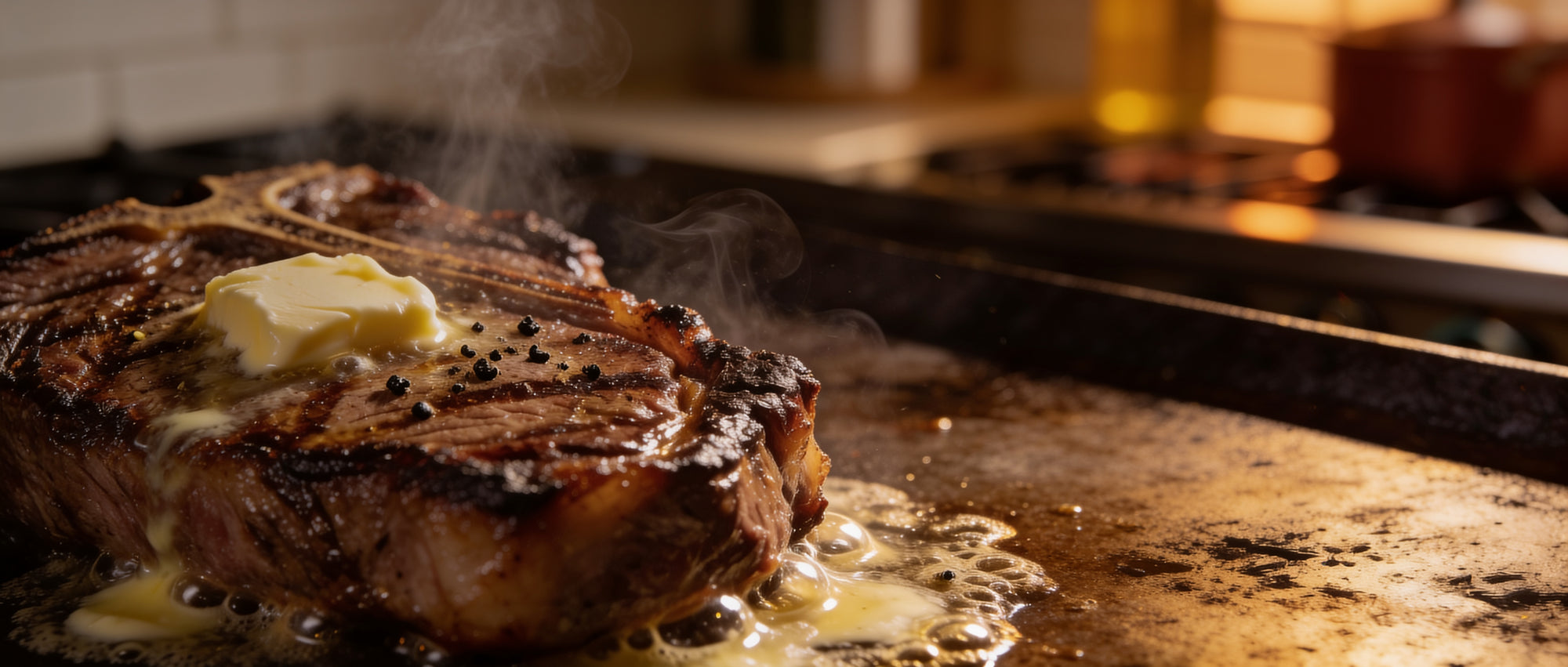 Meat Church Blanco seasoning with a seared ribeye steak, Texas steakhouse scene