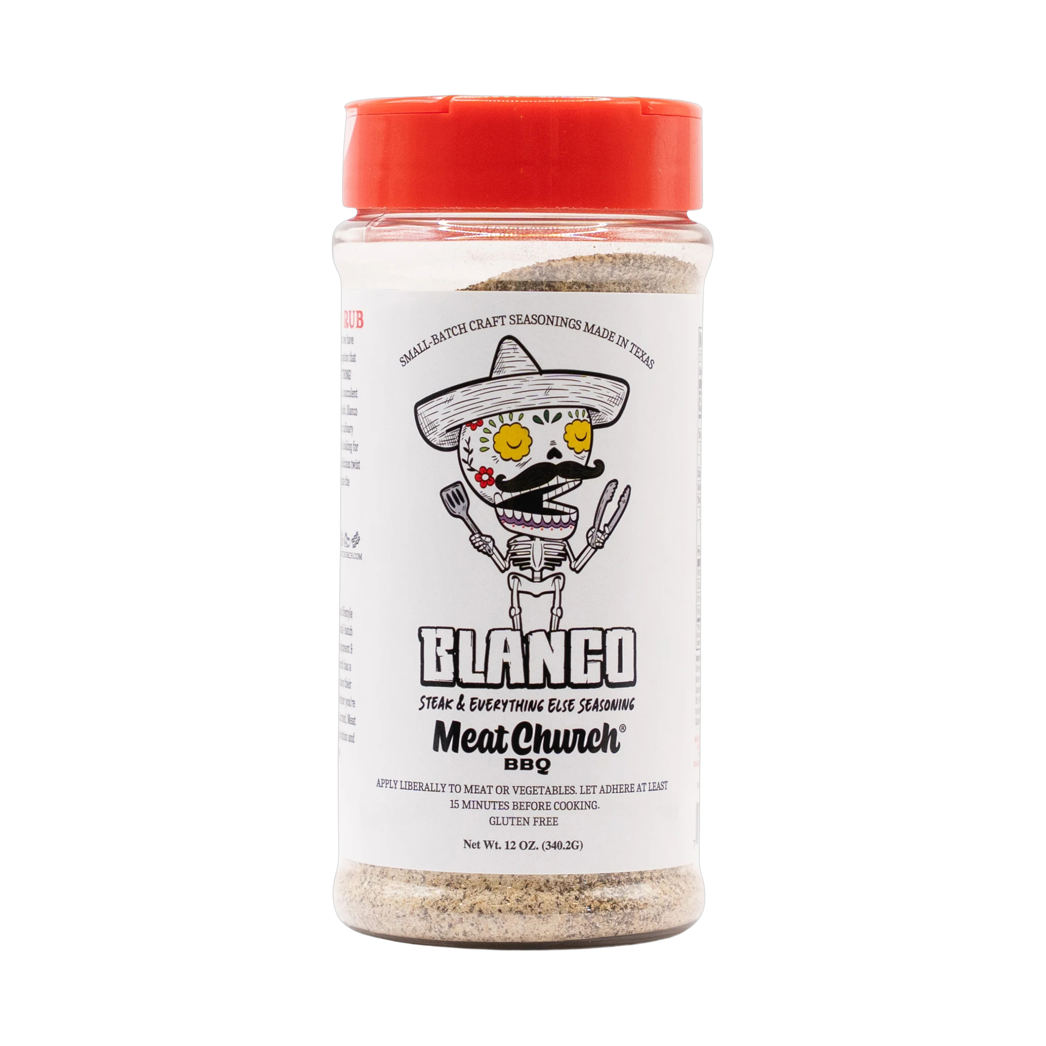Meat Church Blanco 340g steak & everything seasoning — front of shaker on transparent background