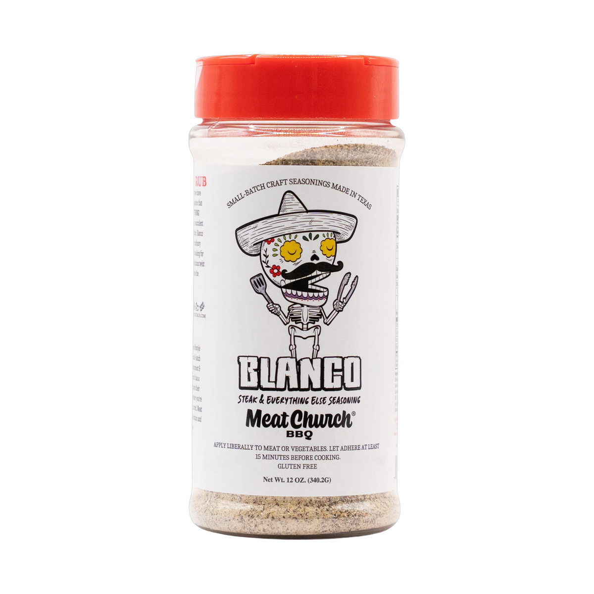 Meat Church Blanco 340g steak & everything seasoning — front of shaker on transparent background