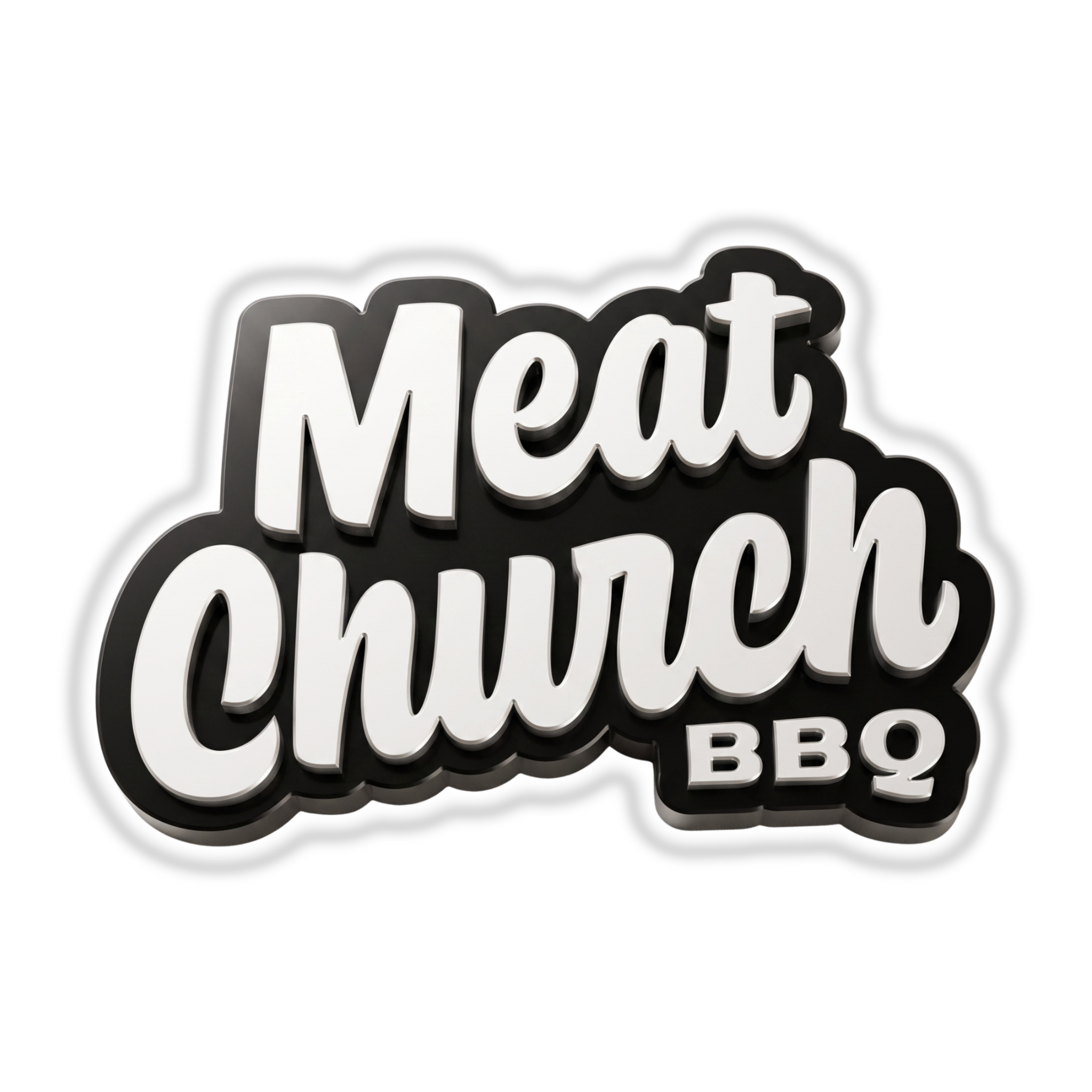 Meat Church brand logo, 3D frosted wordmark, on transparent background