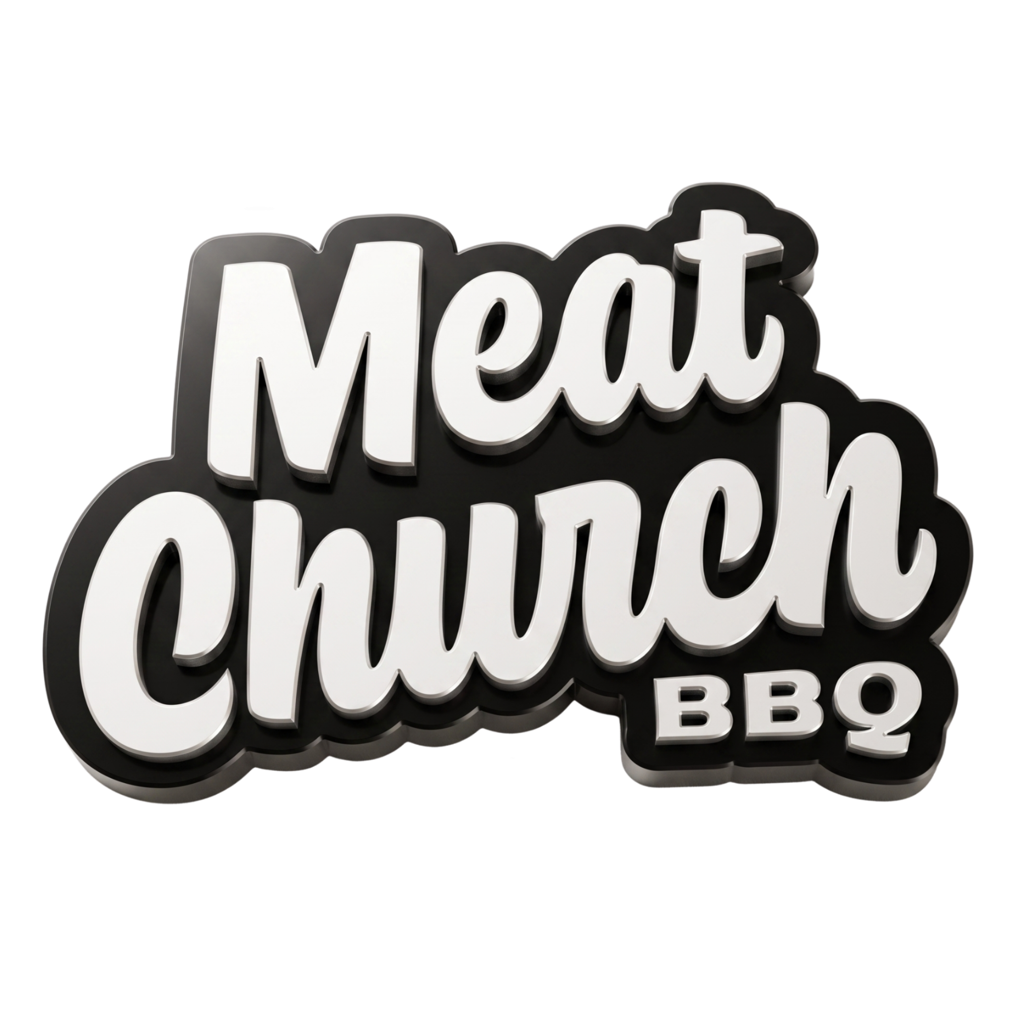 Meat Church barbecue brand logo, white script wordmark, on transparent background