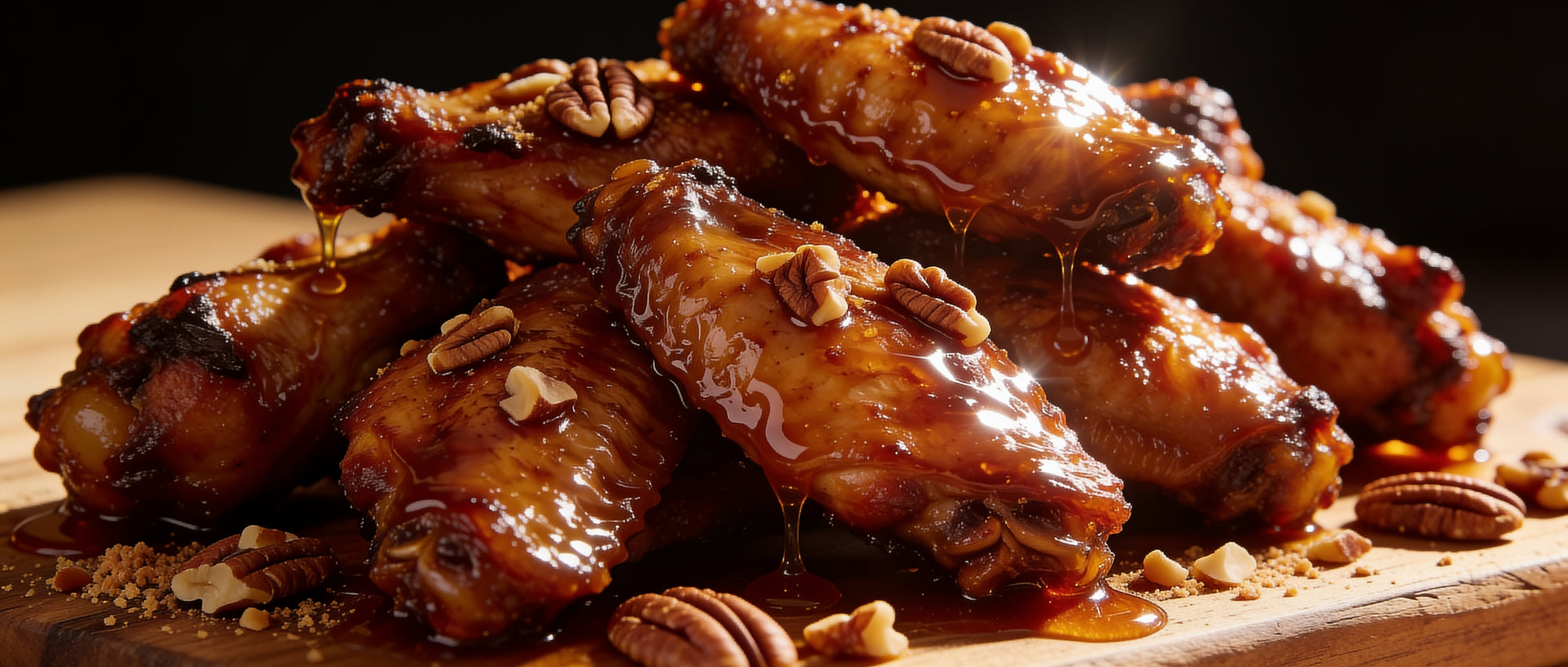 Meat Church Deez Nuts Honey Pecan BBQ Rub banner — glazed smoked chicken wings with toasted pecan