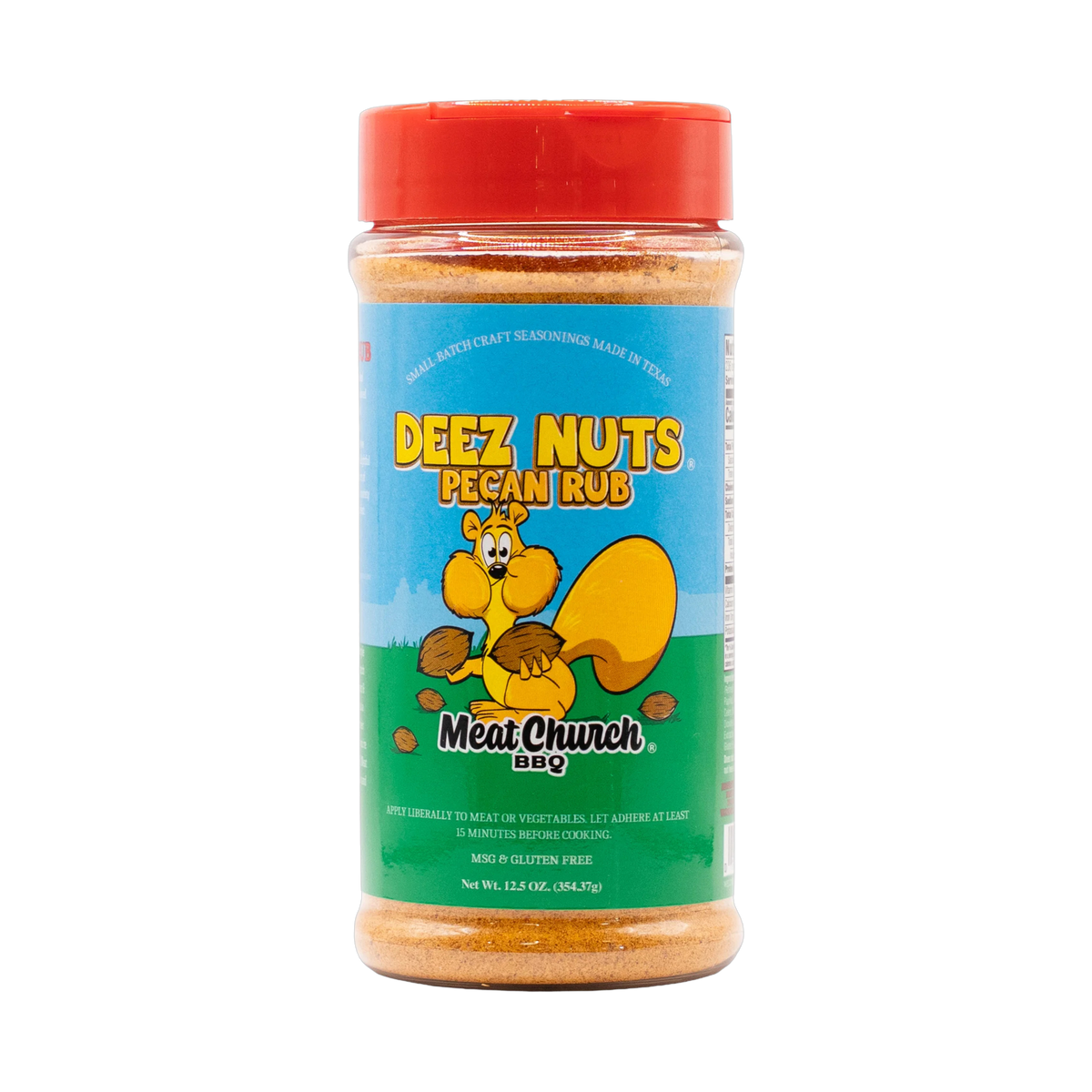 Meat Church Deez Nuts 354g honey pecan BBQ rub — front of shaker on transparent background
