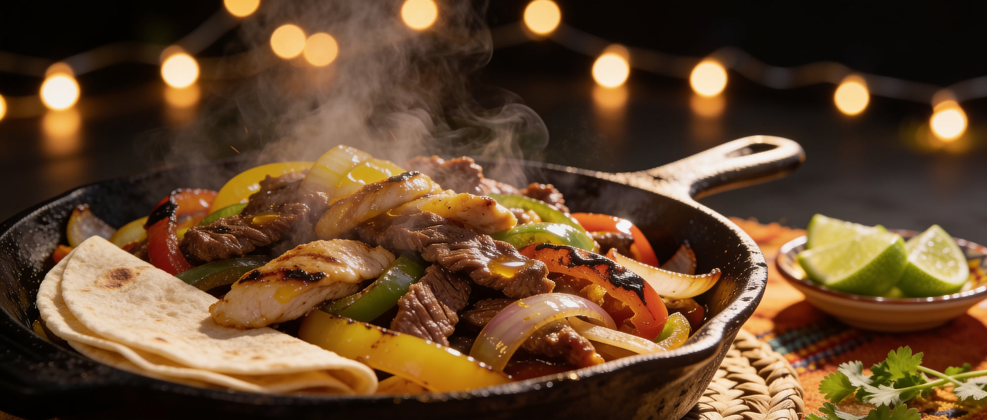 Meat Church Dia de la Fajita seasoning banner - sizzling cast-iron beef and chicken fajitas with steam and a festive Tex-Mex table