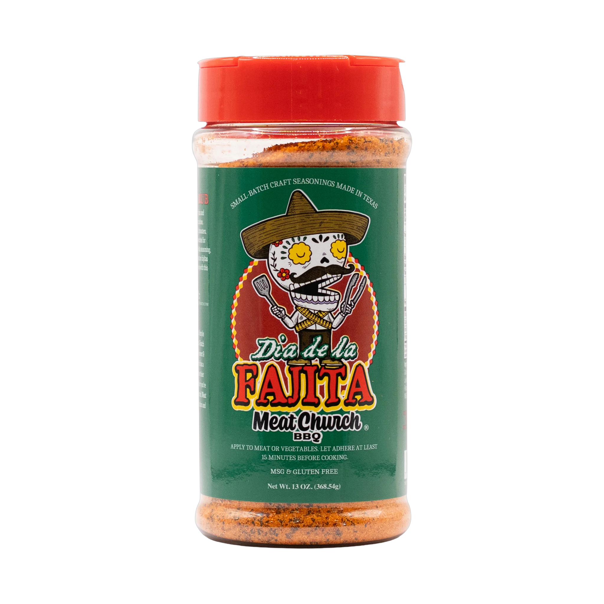 Meat Church Dia de la Fajita 340g Tex-Mex seasoning — front of shaker on transparent background