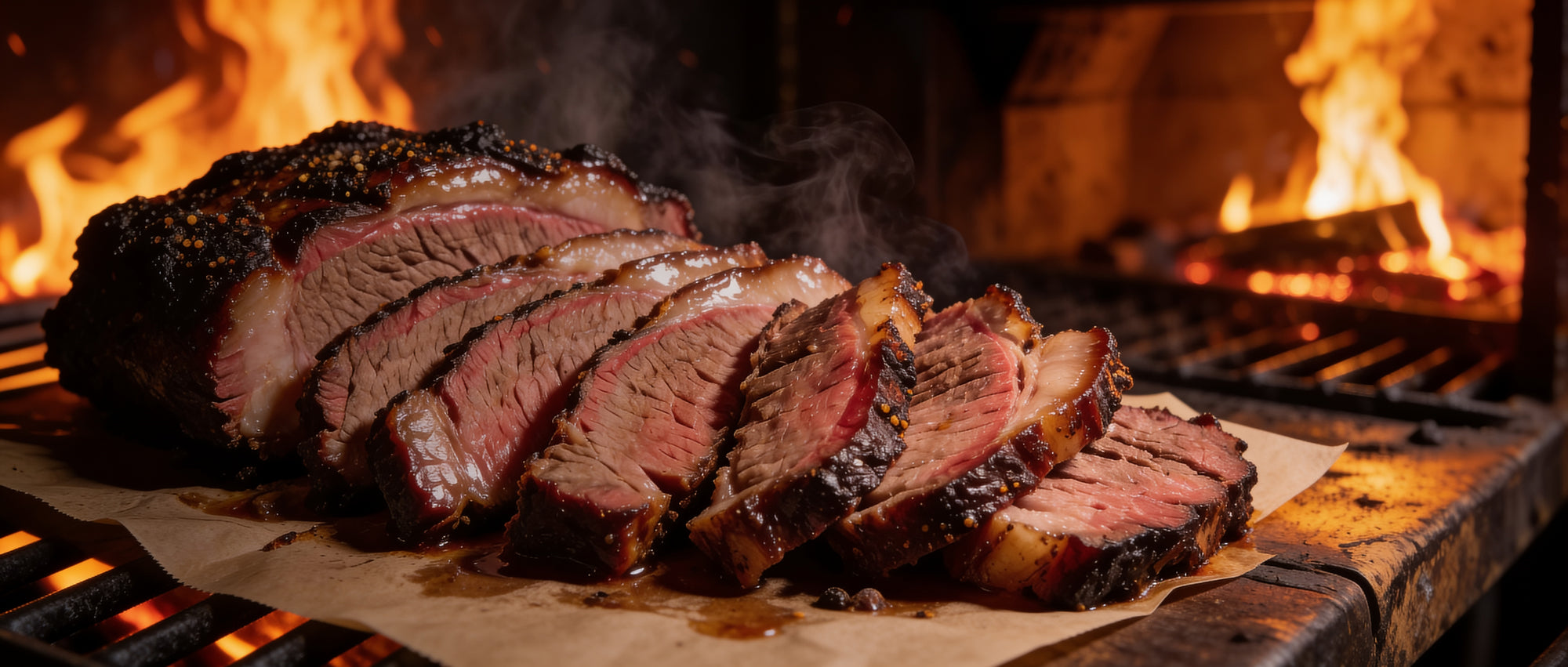 Meat Church Holy Cow Texas beef BBQ rub — freshly sliced smoked brisket with a peppery bark on butcher paper