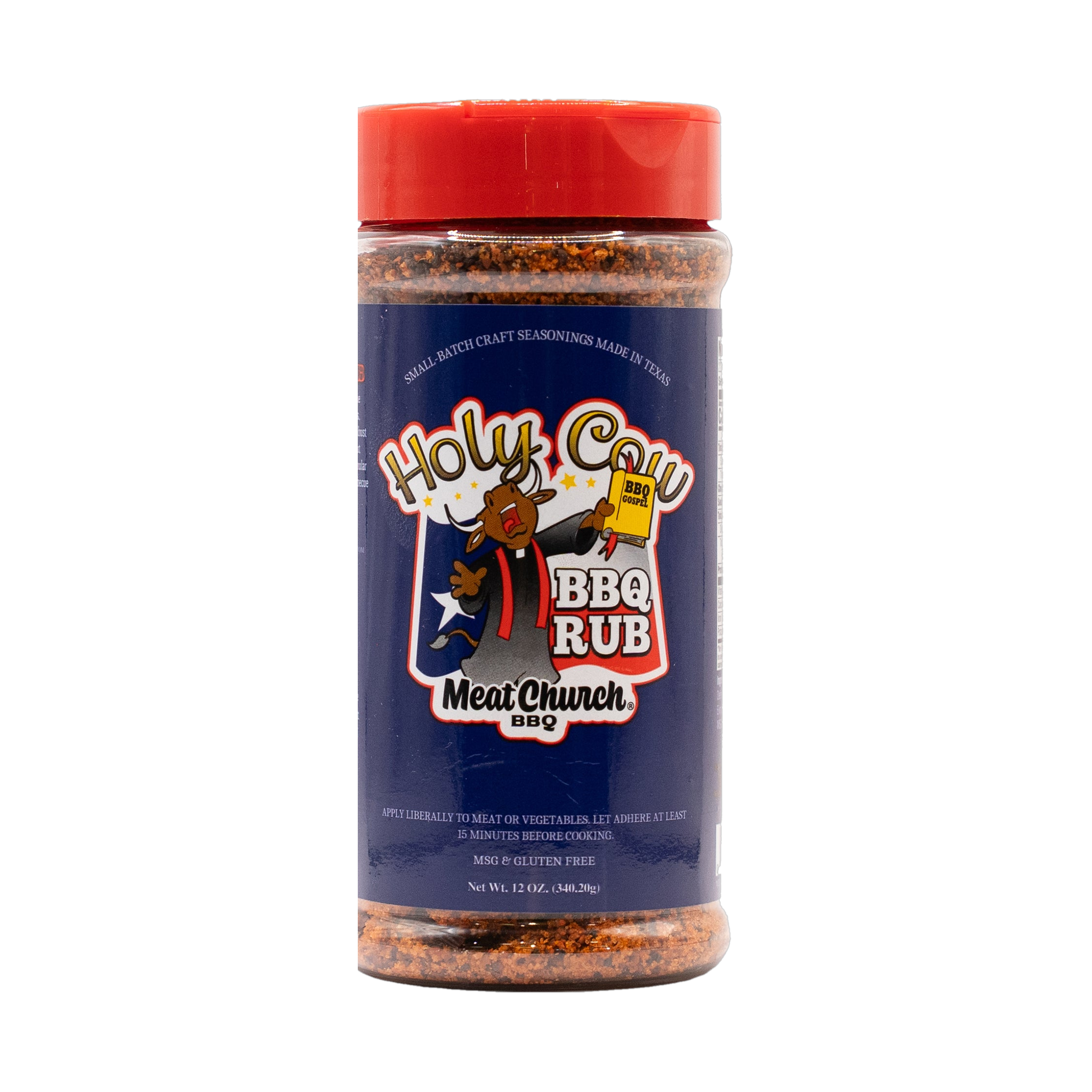 Meat Church Holy Cow Texas-style beef BBQ rub 340g — front of shaker on transparent background