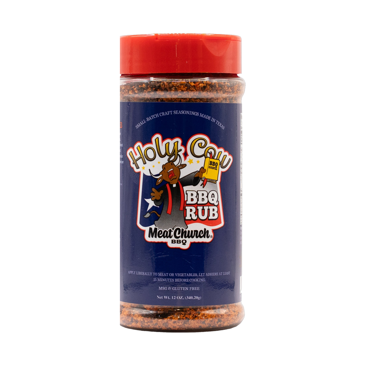 Meat Church Holy Cow Texas-style beef BBQ rub 340g — front of shaker on transparent background
