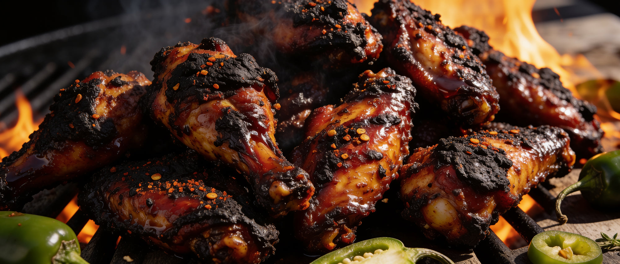Meat Church Holy Voodoo Cajun seasoning — blackened Cajun chicken wings scattered with fresh jalapenos