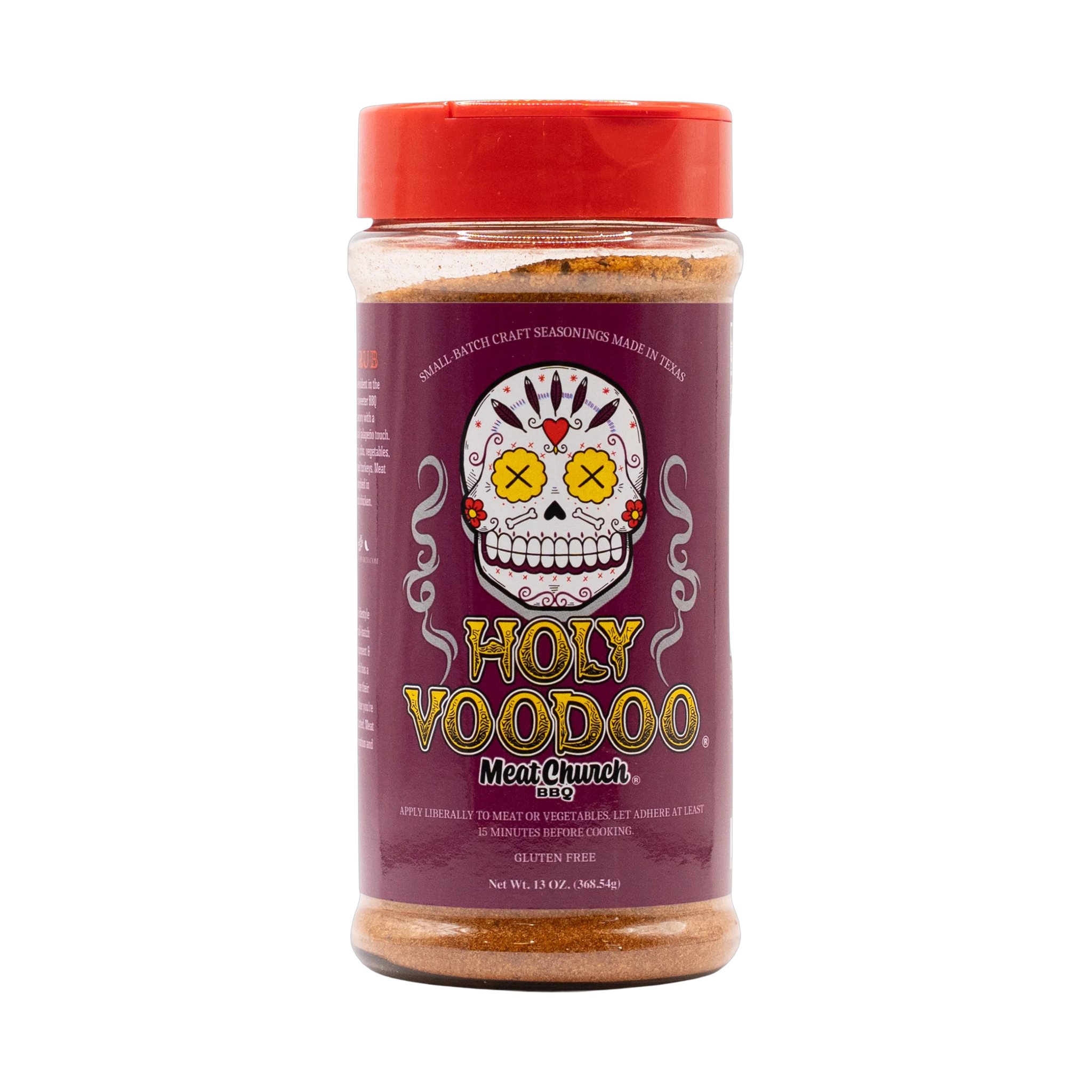 Meat Church Holy Voodoo 369g Cajun BBQ seasoning — front of shaker on transparent background