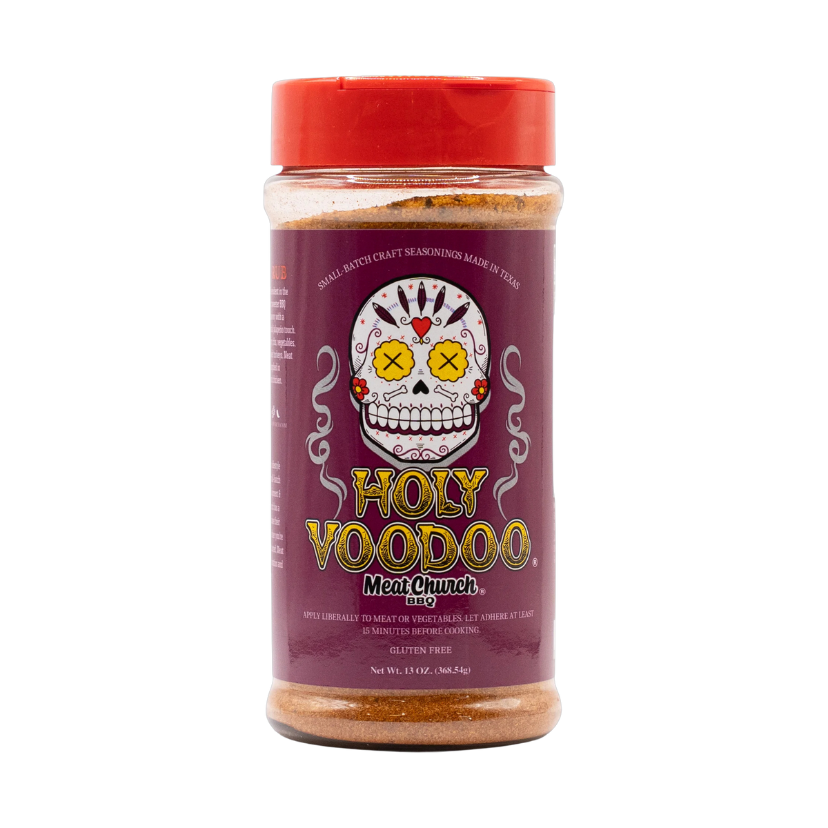 Meat Church Holy Voodoo 369g Cajun BBQ seasoning — front of shaker on transparent background