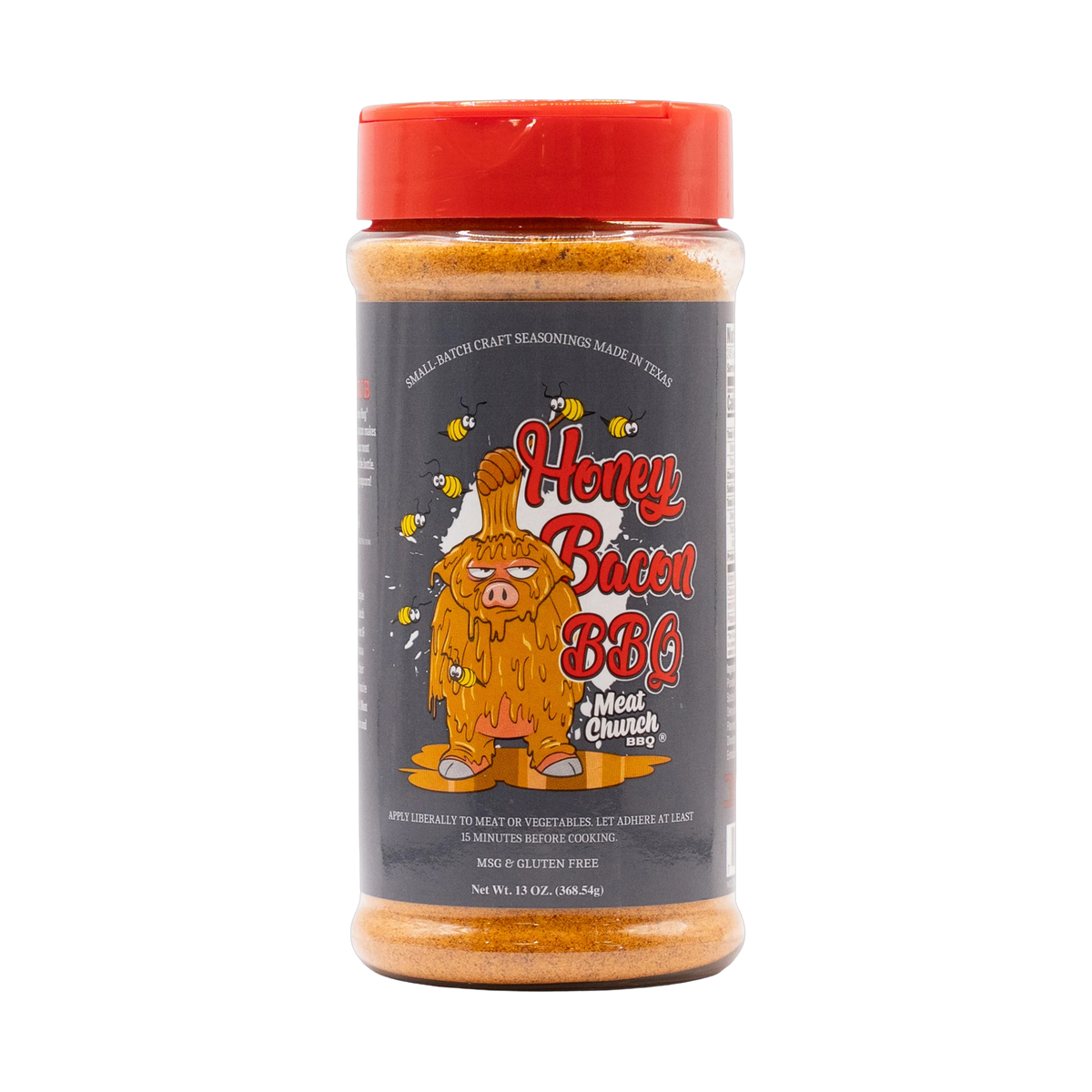 Meat Church Honey Bacon 369g BBQ rub — front of shaker on transparent background