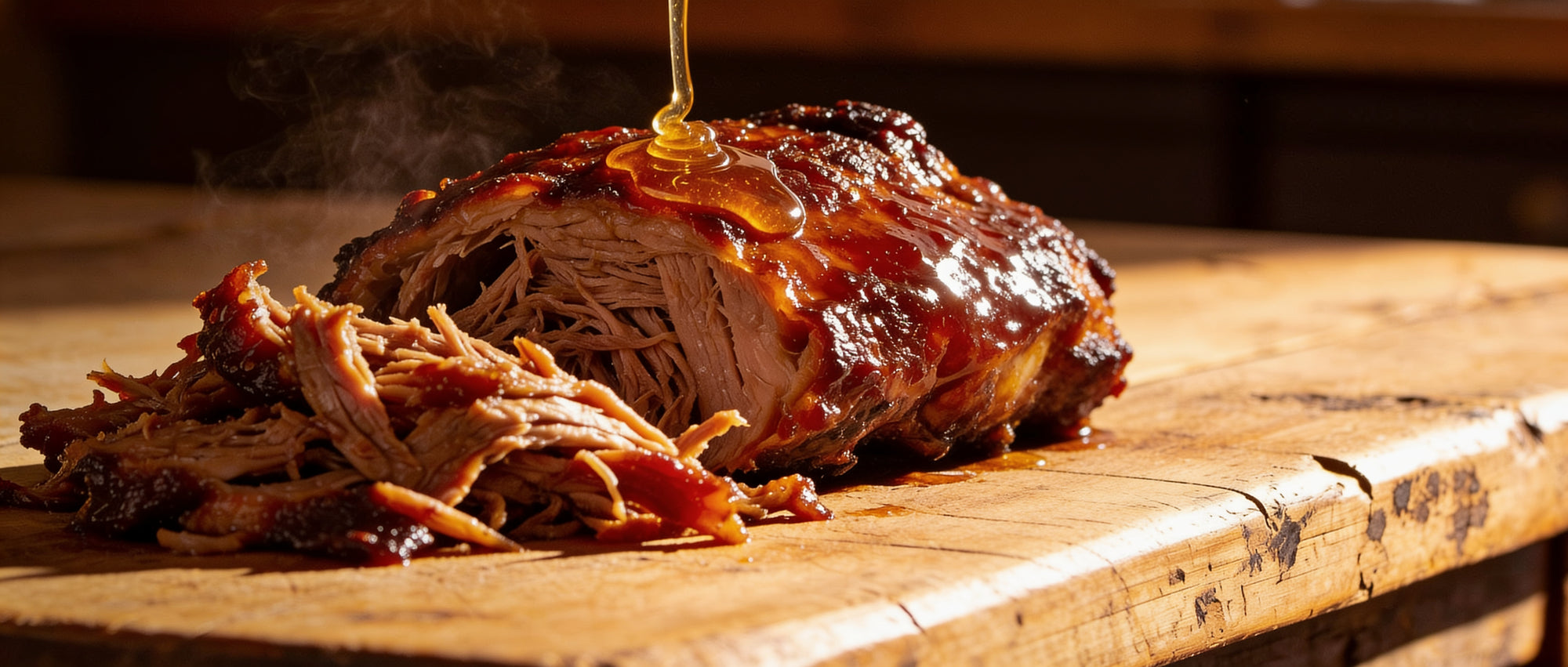 Meat Church Honey Hog BBQ rub with honey-drizzled pulled pork on a butcher block