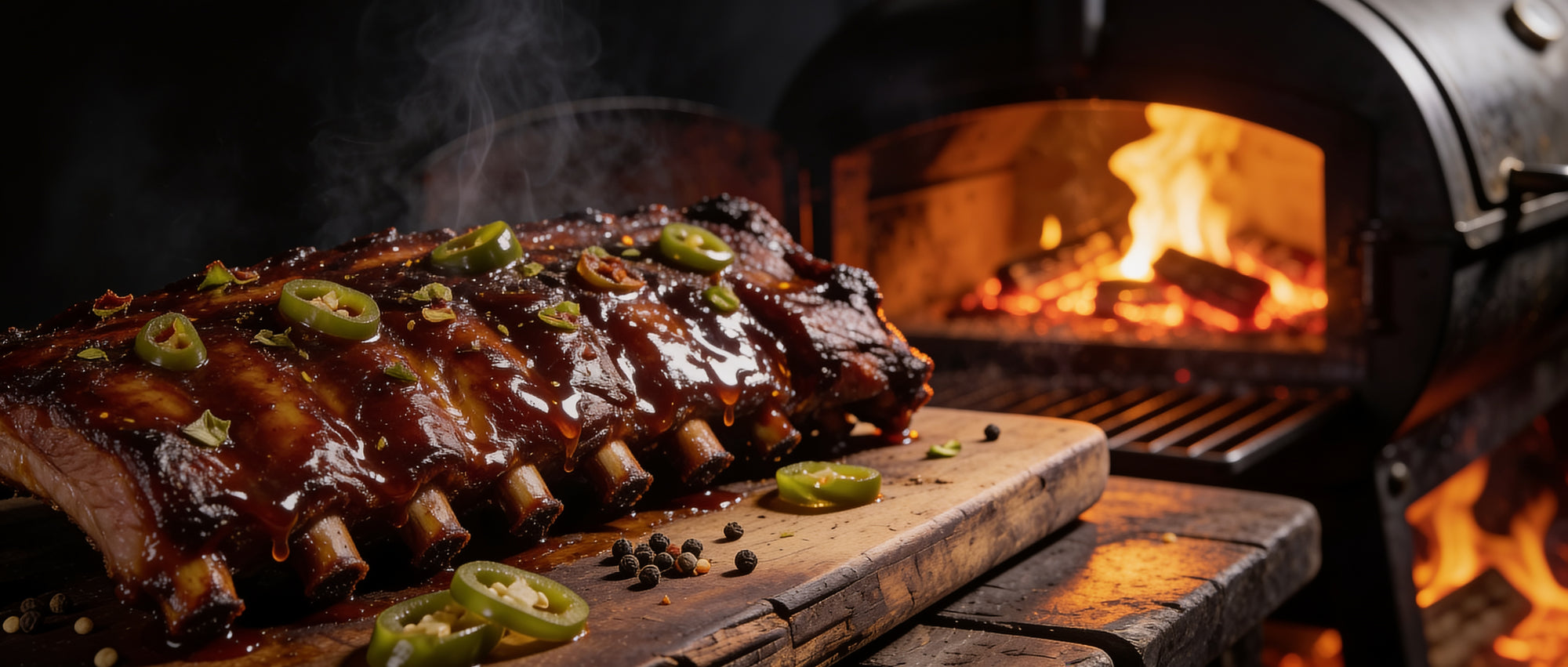 Meat Church Honey Hog Hot BBQ rub banner - glazed jalapeno pork ribs with a fiery smokehouse ember glow
