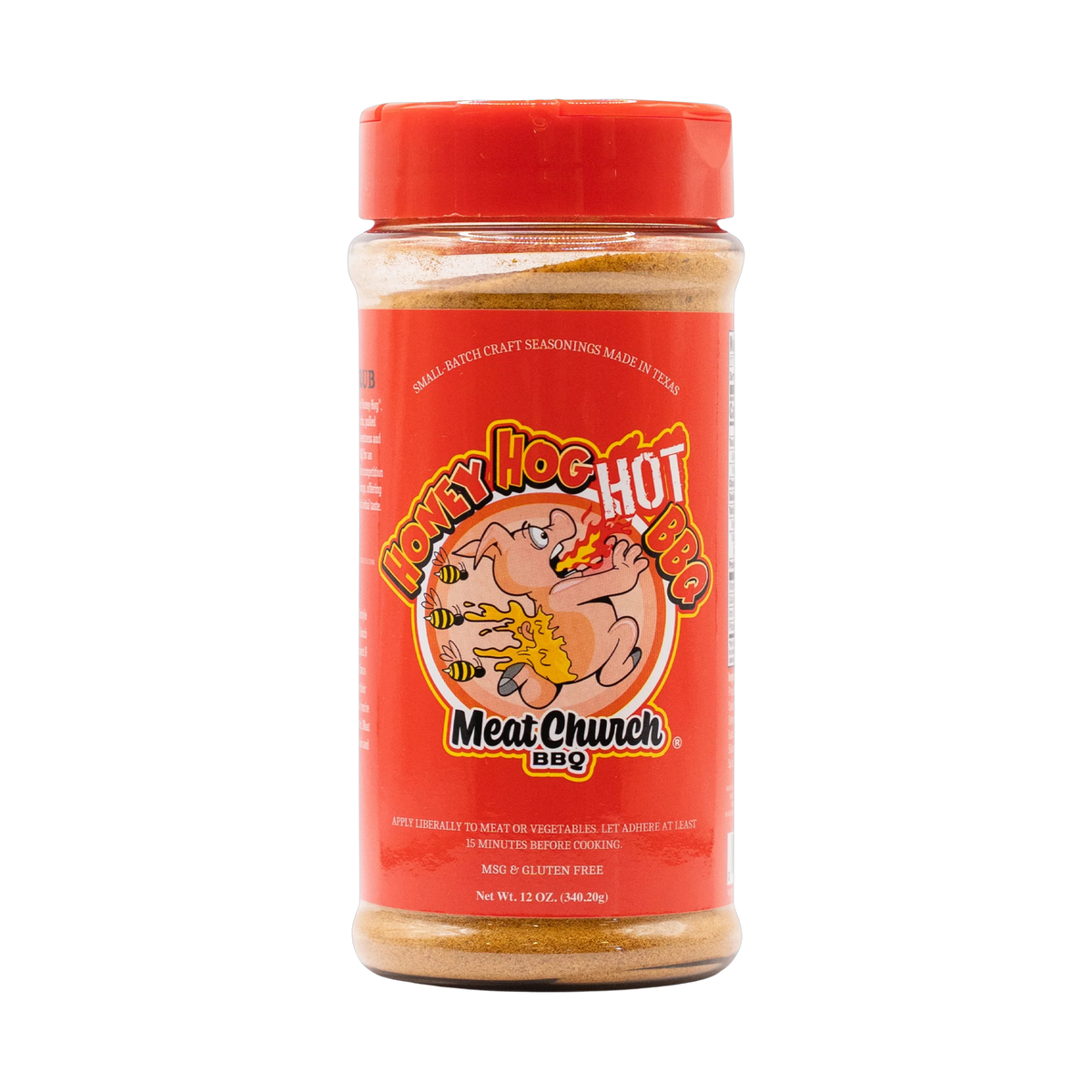 Meat Church Honey Hog Hot 340g sweet spicy BBQ rub — front of shaker on transparent background