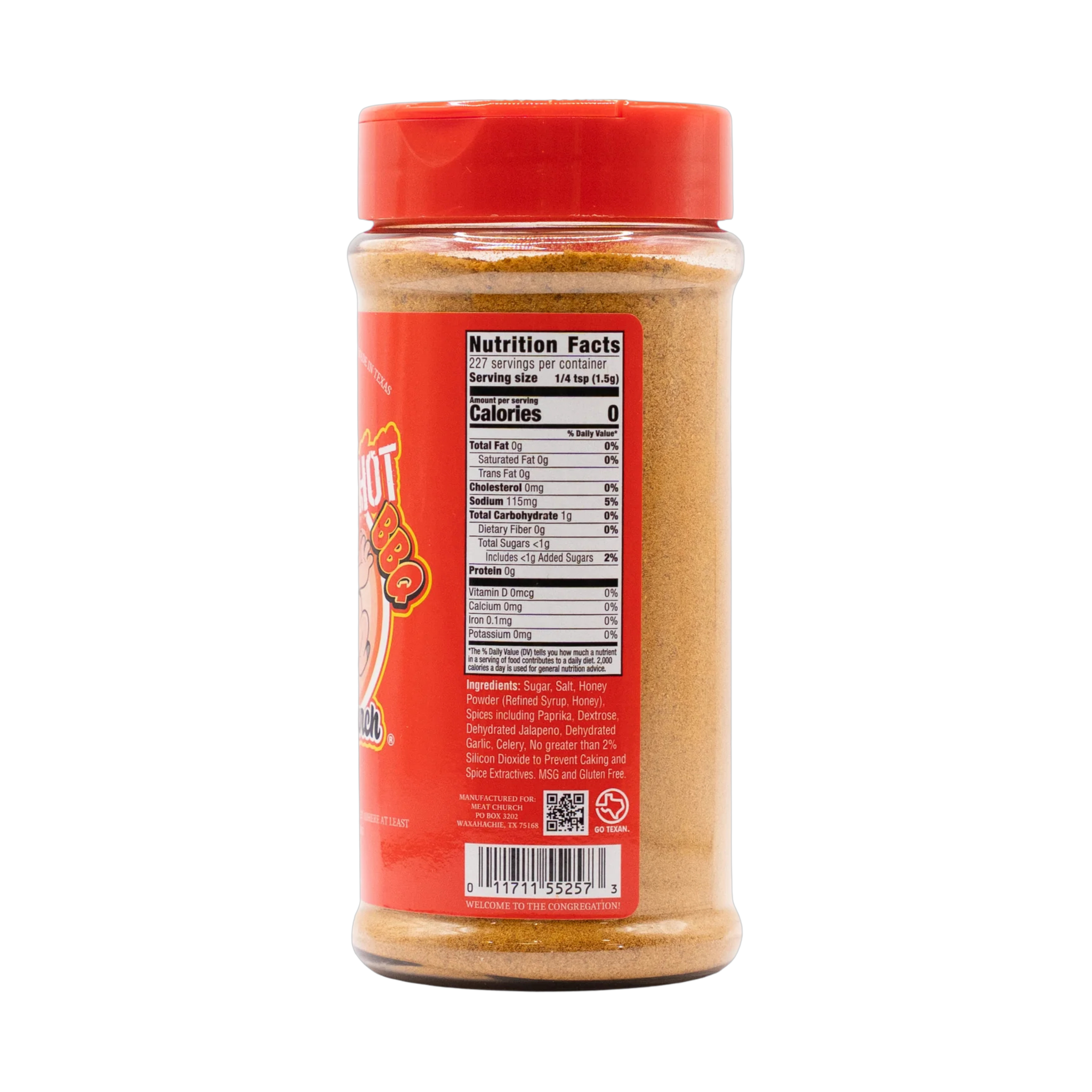 Meat Church Honey Hog Hot 340g sweet spicy BBQ rub — left side view