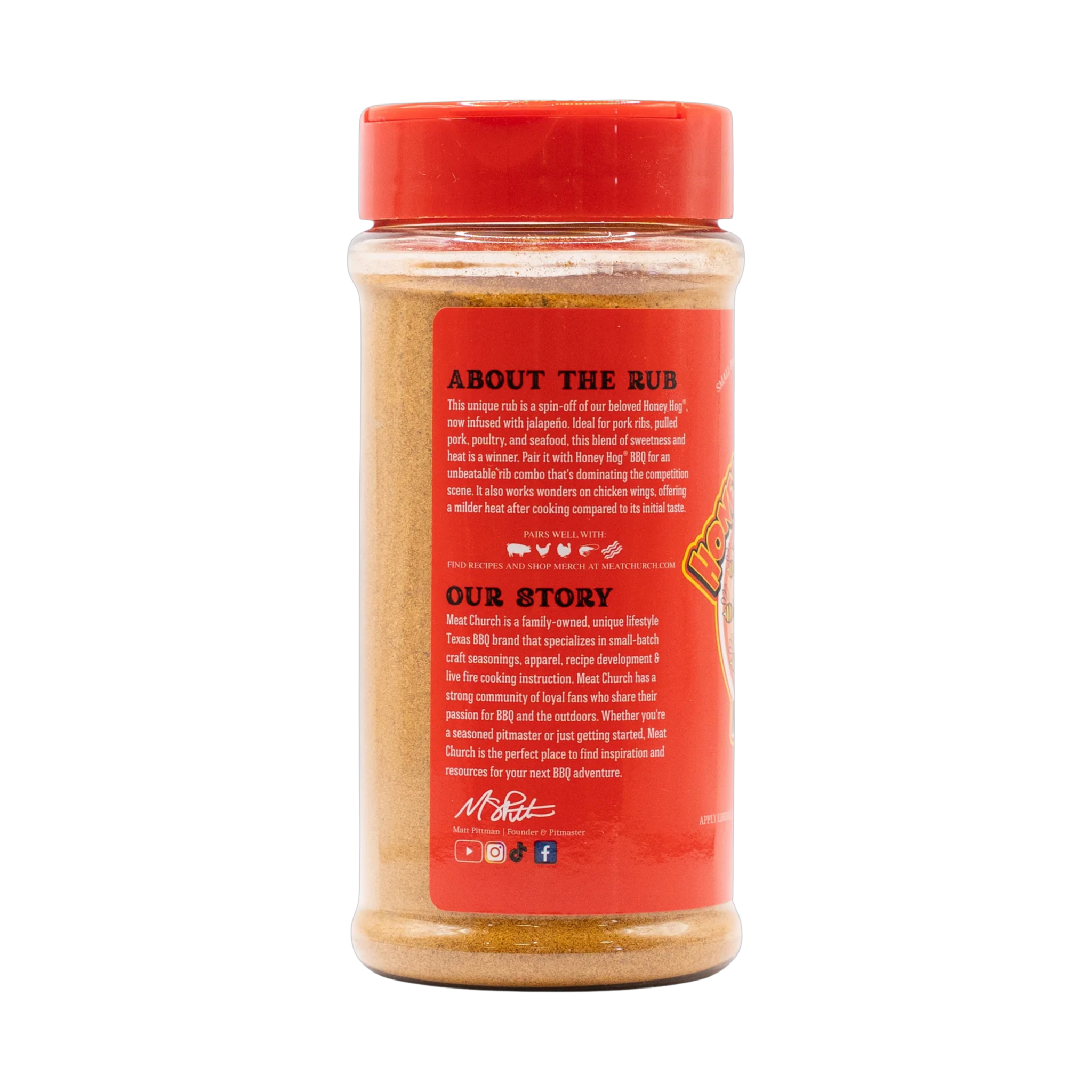 Meat Church Honey Hog Hot 340g sweet spicy BBQ rub — right side view