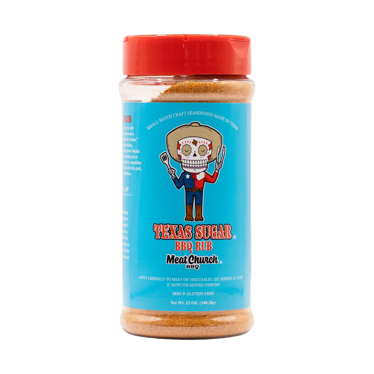 Meat Church Texas Sugar 340g BBQ rub — front of shaker on transparent background