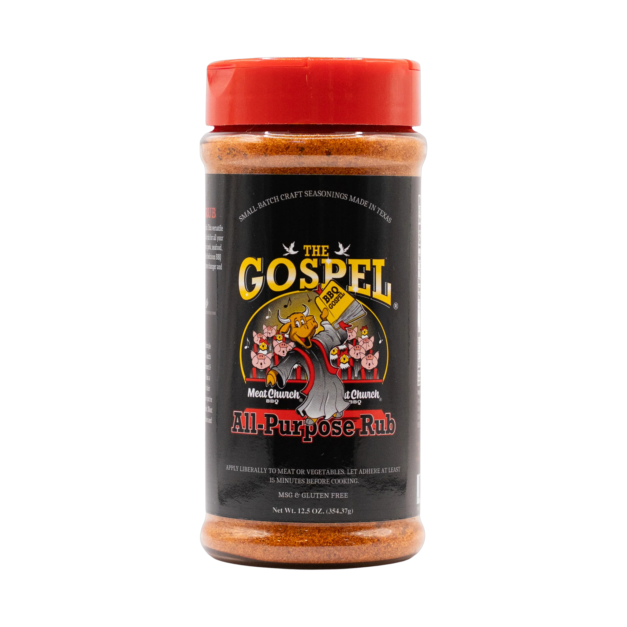Meat Church The Gospel 354g all-purpose BBQ rub — front of shaker on transparent background