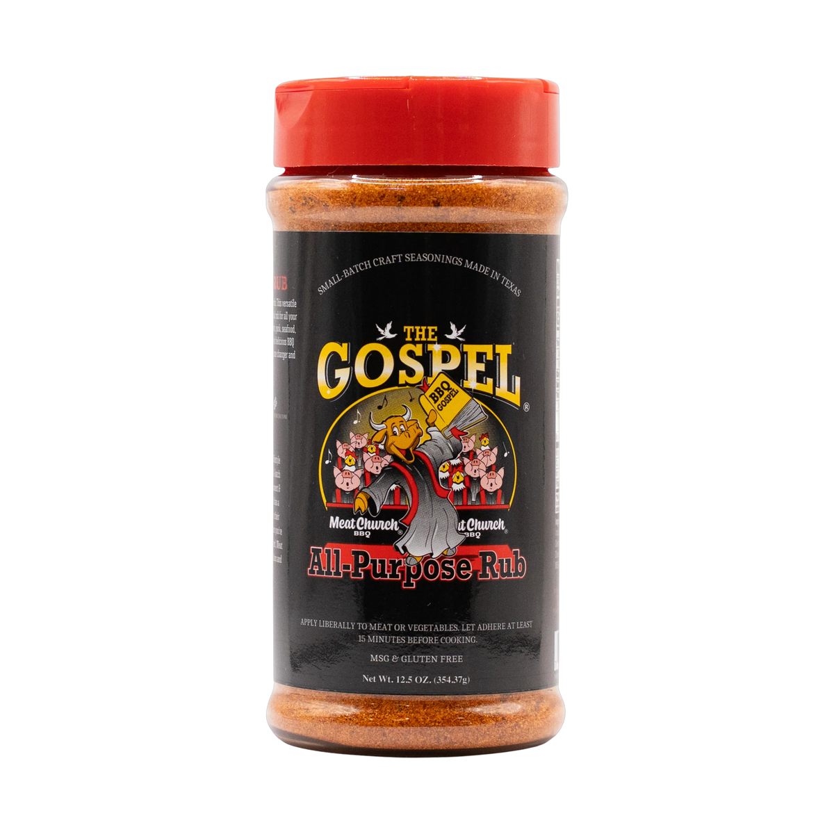 Meat Church The Gospel 354g all-purpose BBQ rub — front of shaker on transparent background