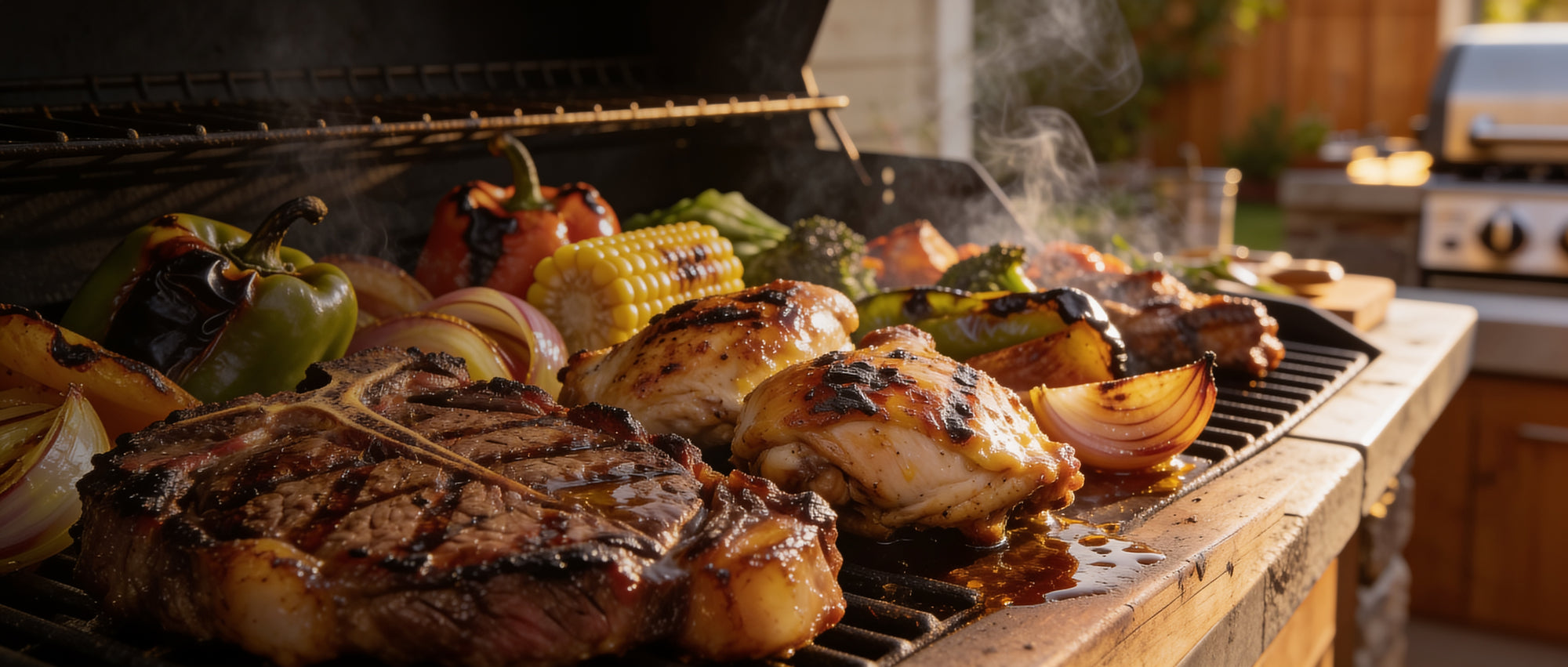 Meat Church The Gospel All-Purpose BBQ Rub banner — mixed grill spread with steak, chicken and roasted vegetables