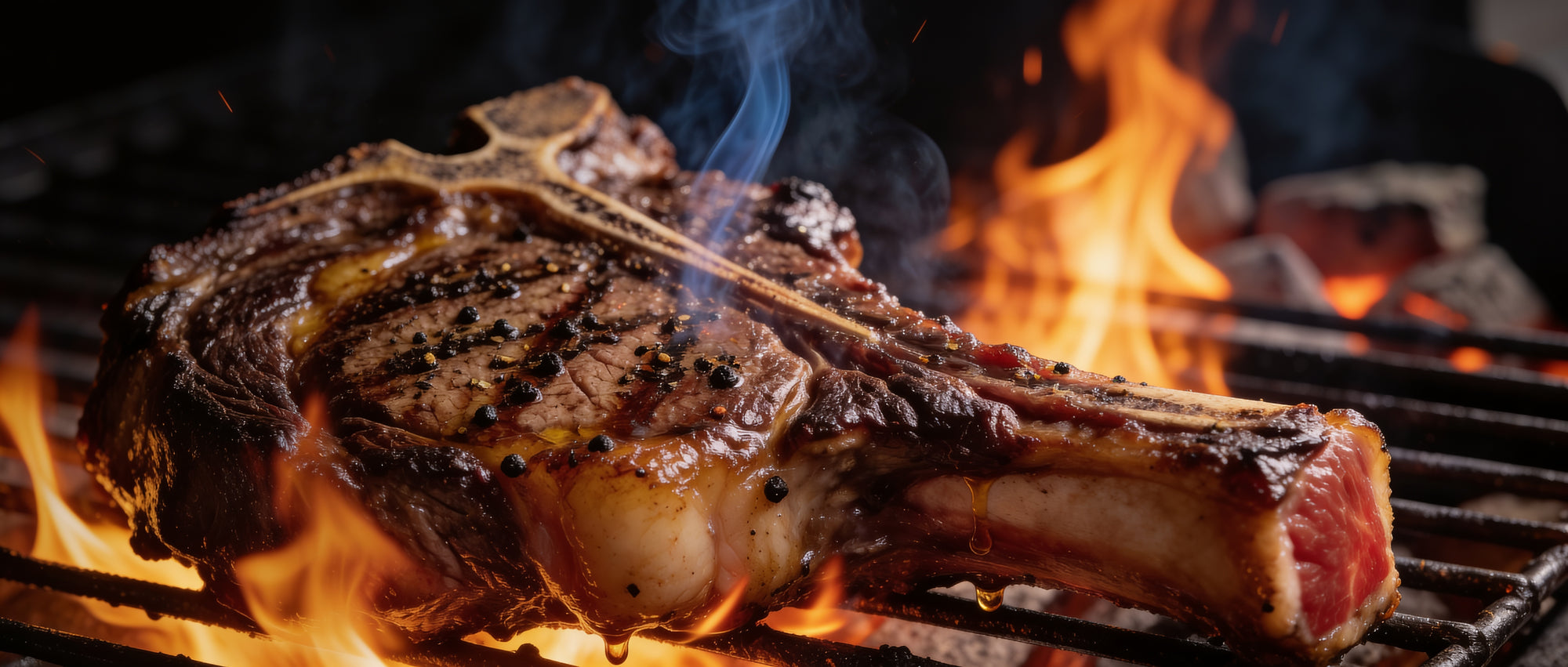 Meat Church The Holy Gospel BBQ Rub banner — tomahawk steak searing over open flame and embers