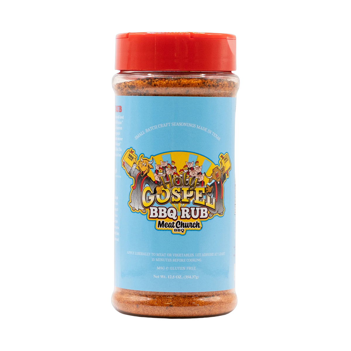 Meat Church The Holy Gospel 354g beef BBQ rub — front of shaker on transparent background
