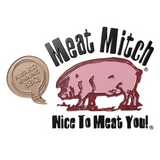 Meat Mitch brand logo, pink pig with an Award Winning BBQ seal and Nice To Meat You tagline, on transparent background