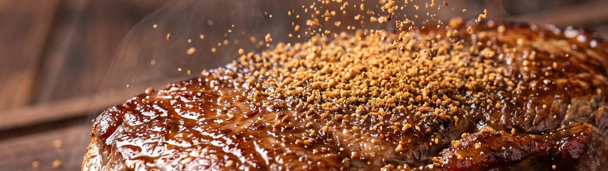 Hardcore Carnivore MeatyMite All-Purpose Rub beside a seared steak dusted with a golden umami crust, steam rising, Australian-made