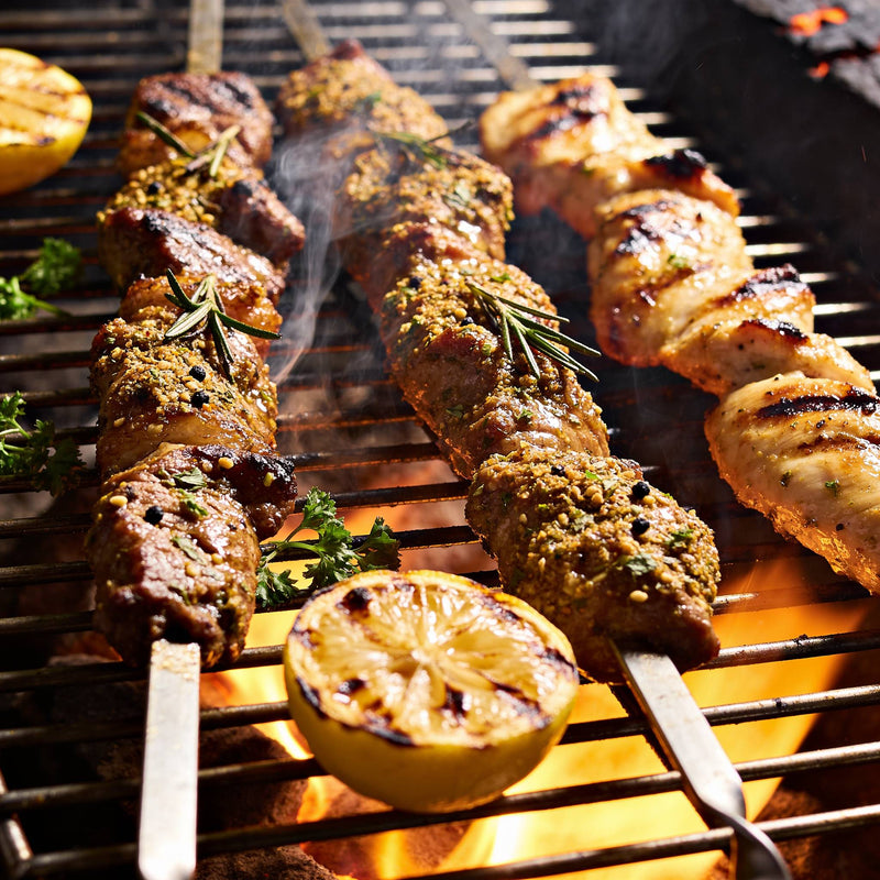 Mediterranean category lifestyle photo - charred lamb and chicken skewers lifestyle photo